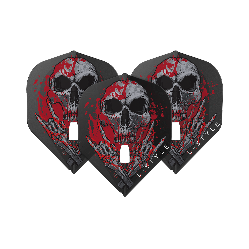 Letky L-Style Ryan Searle V3 L1PRO Clear Black Die Abbildung zeigt drei schwarze Dart-Flights mit einem auffälligen Totenkopf-Design, das von roten Farbspritzern umgeben ist. Am unteren Rand steht der Schriftzug „L-STYLE“.