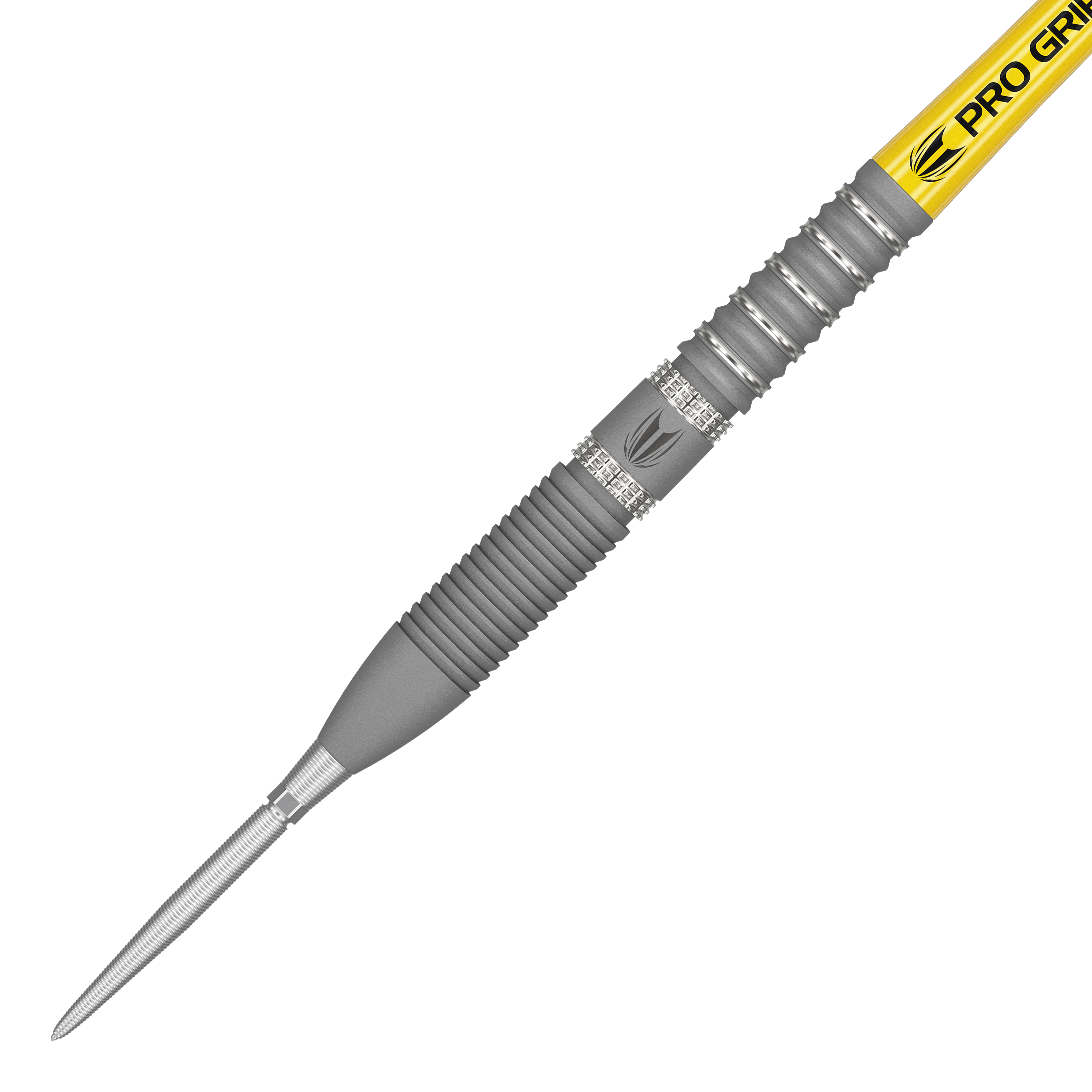 Ocelové šipky Target Gabriel Clemens GEN2 Swiss Point Das Bild zeigt den Target Gabriel Clemens GEN2 Swiss Point Steeldart. Der Dartpfeil hat eine silberne Spitze, einen geriffelten Griffbereich und einen gelben Schaft mit der Aufschrift „PRO GRIP“.