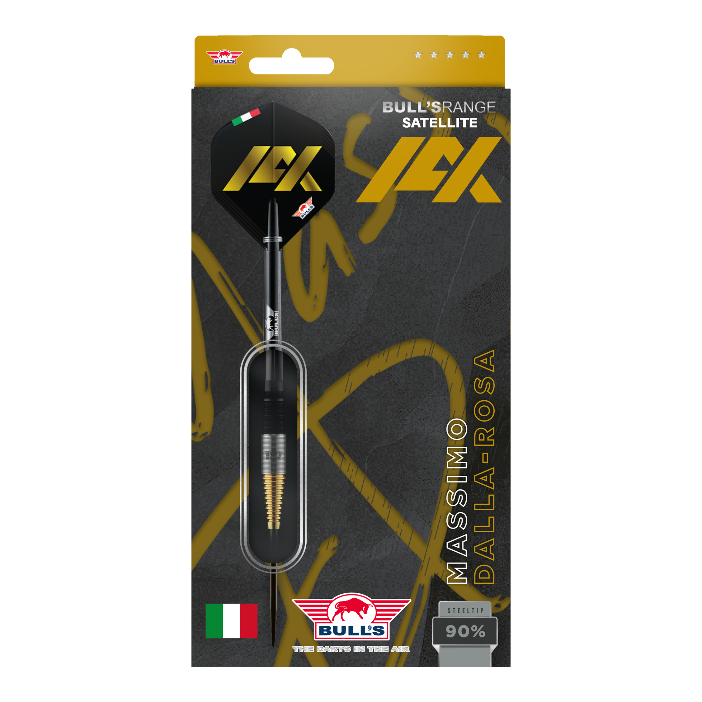 Das Bild zeigt die Verpackung der "Bulls NL Massimo Dalla Rosa Steeldarts - 20g". Die Verpackung ist schwarz-gold und zeigt deutlich den Namen des Produkts sowie die italienische Flagge.