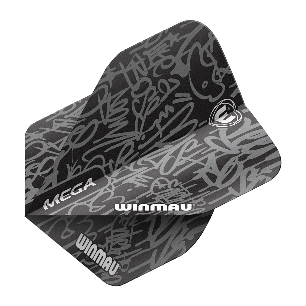 6900-244_Winmau_Mega_Black_Standard_Flights_2 Das Bild zeigt das Produkt "Winmau Mega Black Standard Flights". Die Flights sind schwarz mit grauen, grafischen Mustern und dem Winmau-Logo bedruckt.