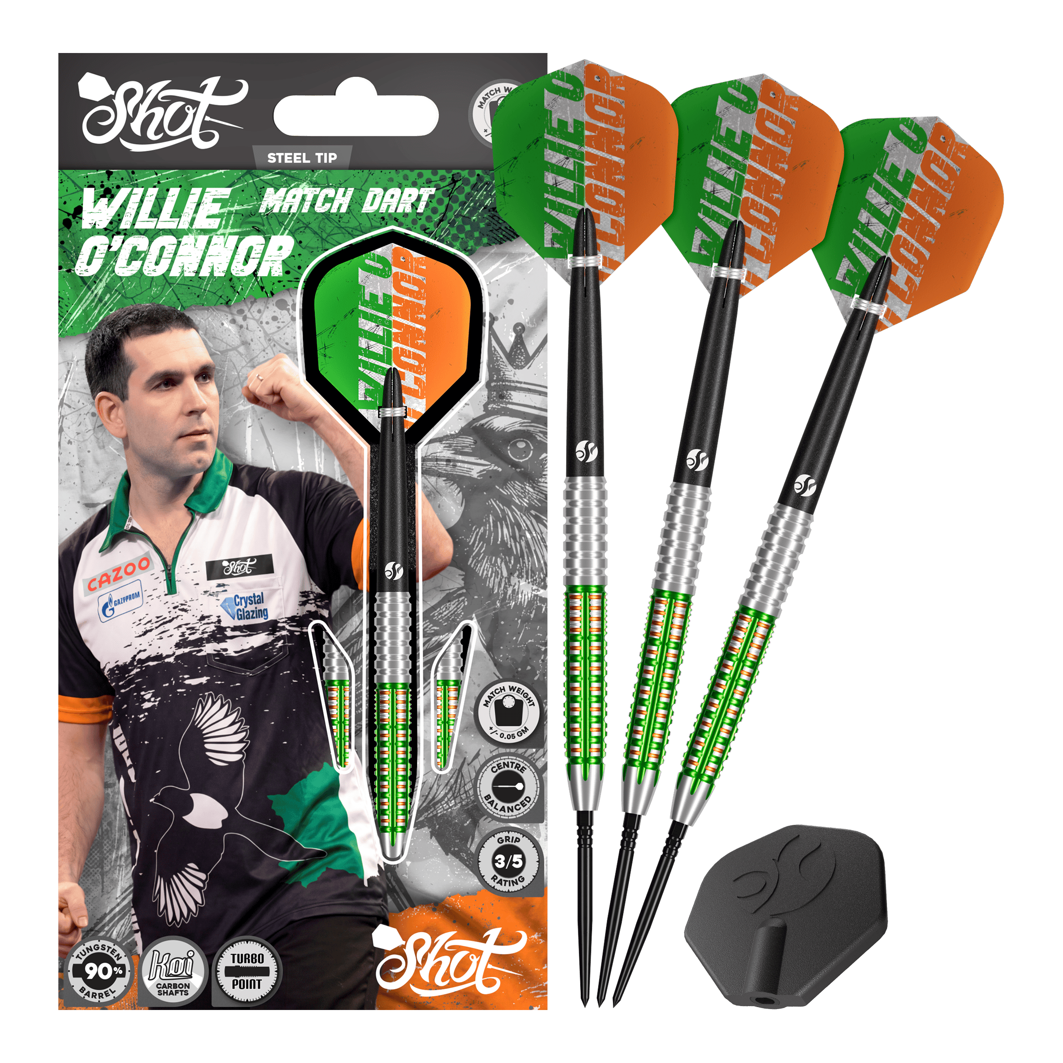 Shot Pro Series Willie O'Connor Turbo Point Steeldarts werden vollständig gezeigt. Die Darts besitzen spezielle Gravuren.