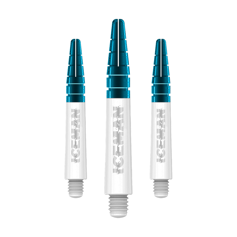 C634_Red_Dragon_Nitrotech_Gerwyn_Price_Shafts_White_36mm_1 Das Bild zeigt drei weiße Dartschäfte mit blauen Spitzen. Auf den Schäften steht in silberner Schrift das Wort "ICEMAN".