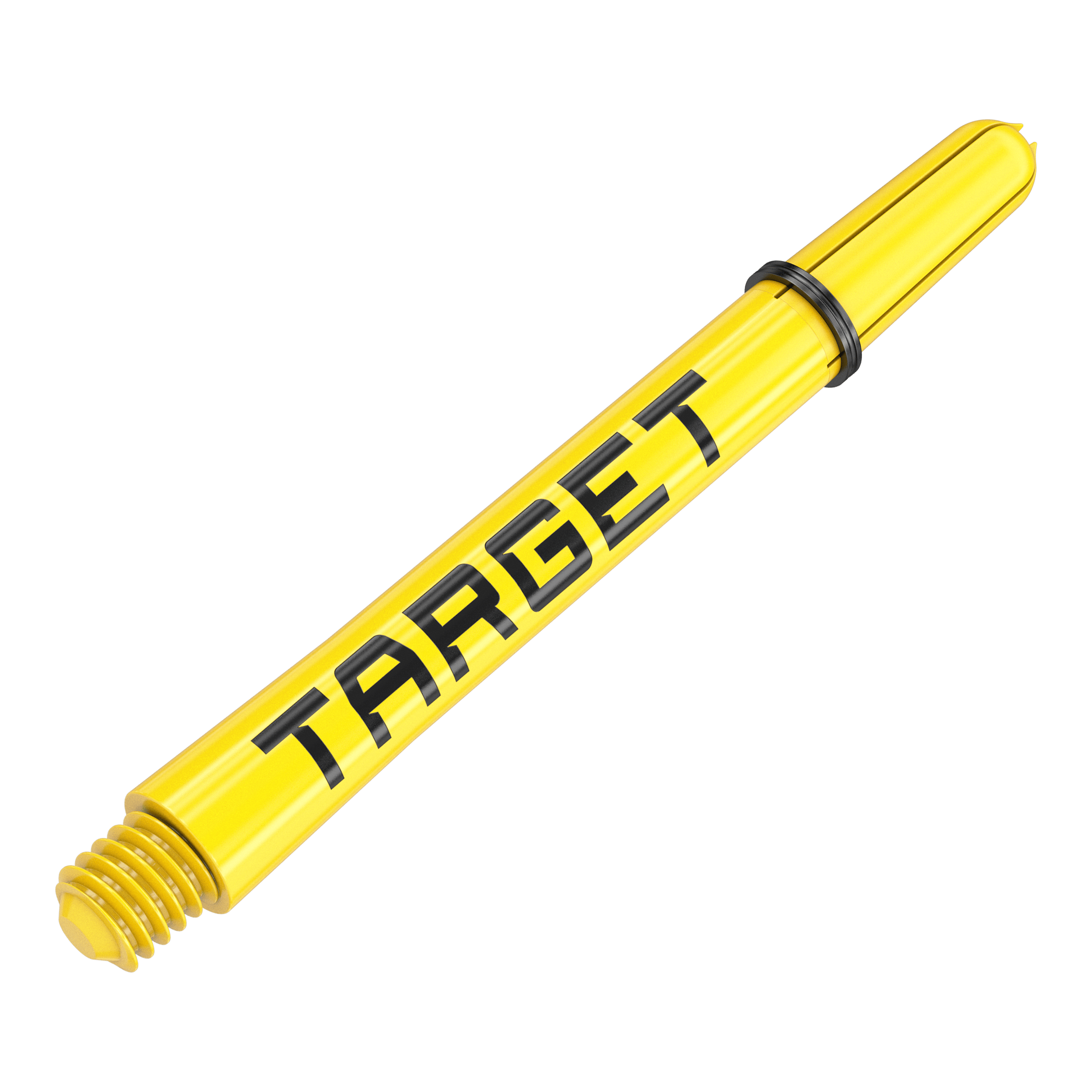 Násadky Target Pro Grip TAG - 3 sady - žluté Das Bild zeigt einen gelben Dart-Schaft mit der Aufschrift "TARGET". Er hat ein Gewinde an einem Ende und einen schwarzen Ring in der Mitte.