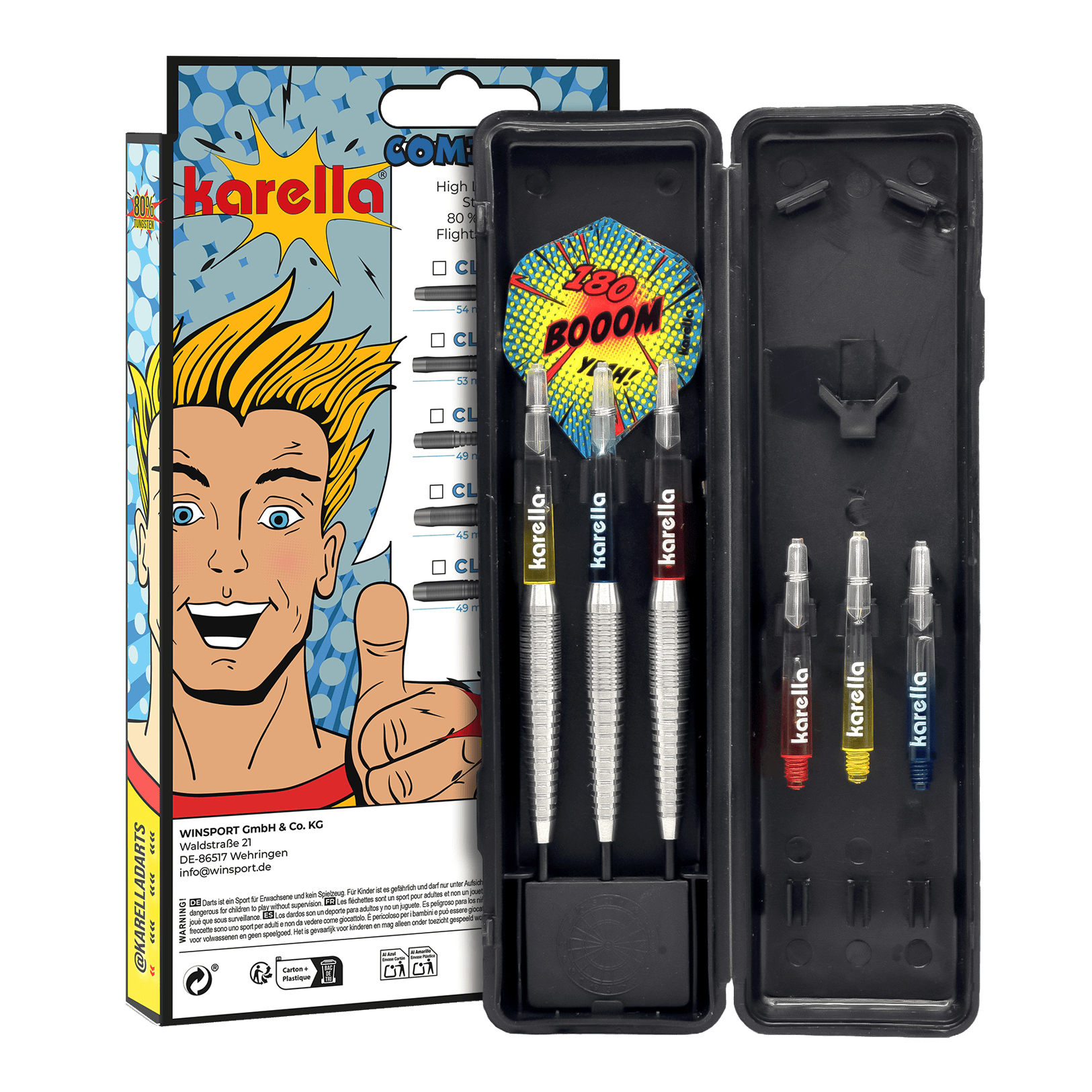 Ocelové šipky Karella Comic Line CL-5 - 21g Abgebildet sind die Karella Comic Line CL-5 Steeldarts - 21g. Diese Steeldarts zeichnen sich durch ein Comic-Design aus.