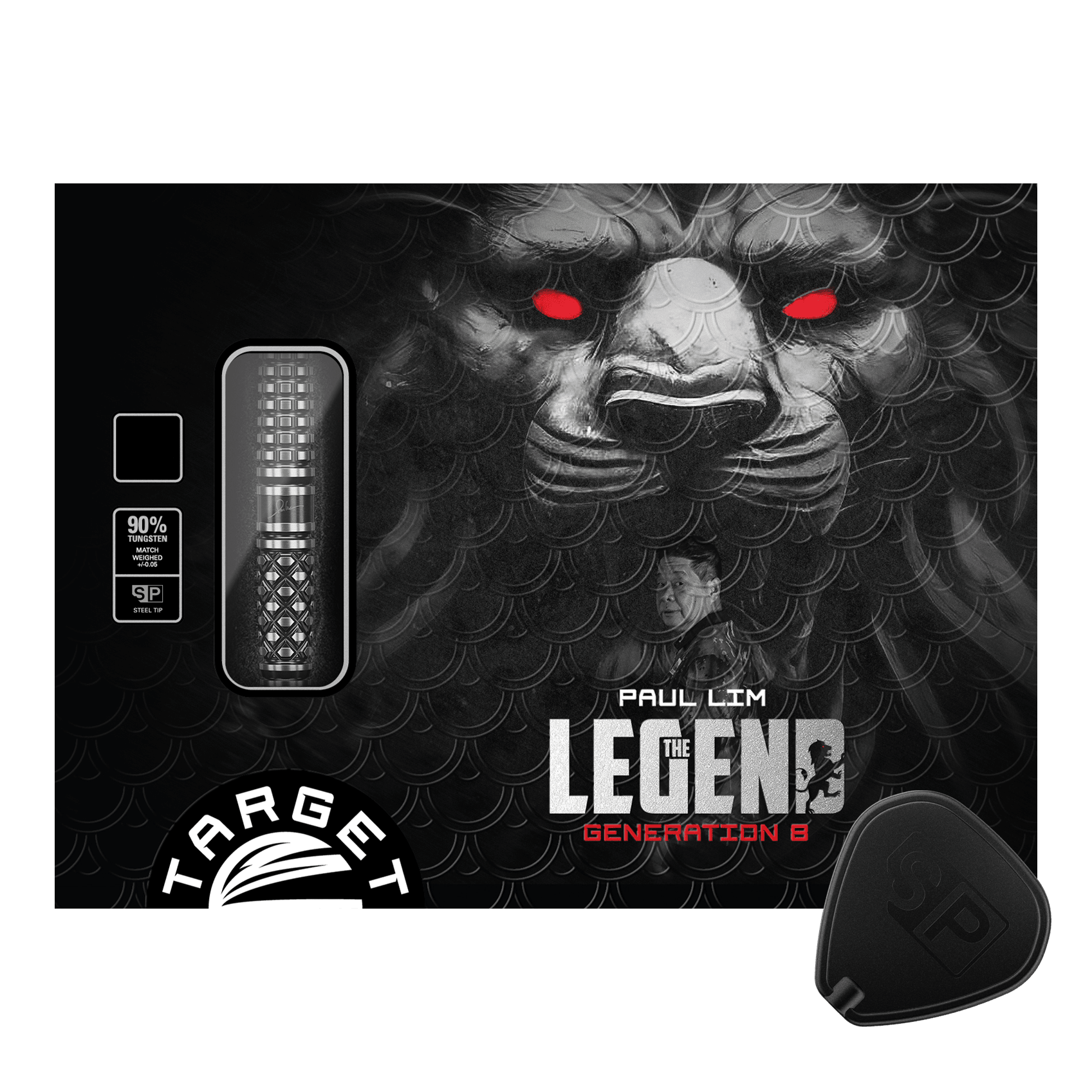 Šipky Target Japan Paul Lim The Legend GEN8 Swiss Point Steeldarts - 24g Die Verpackung zeigt die "Target Japan Paul Lim The Legend GEN8 Swiss Point Steeldarts - 24g". Im Hintergrund ist ein Löwenkopf mit roten Augen und ein Porträt von Paul Lim zu sehen.