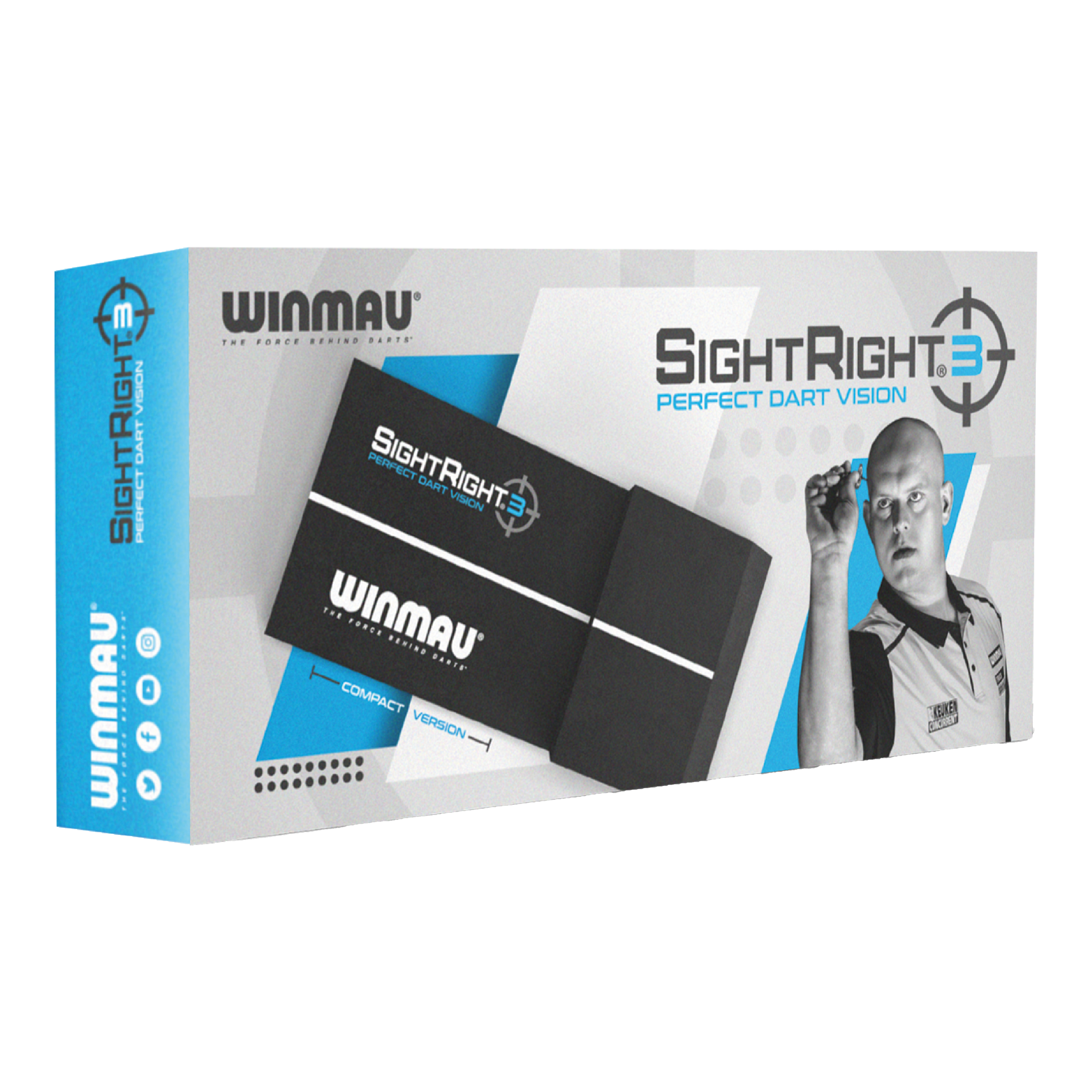 Winmau SightRight 3 - Kompaktní Die Abbildung zeigt die Verpackung des Produkts "Winmau SightRight 3 - Compact". Auf der Box ist ein Dartspieler zusammen mit dem Produkt abgebildet, das für perfektes Dart-Zielen entwickelt wurde.