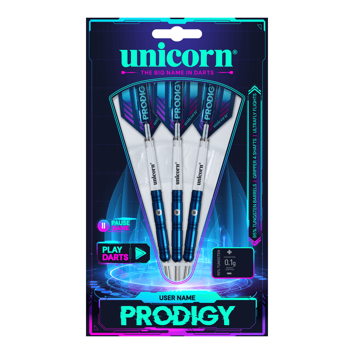 Paralelní ocelové šipky Unicorn Prodigy 01 Das Bild zeigt die Verpackung der "Unicorn Prodigy 01 Parallel Steeldarts". Drei blaue Steeldarts sind in einer modernen, futuristisch gestalteten Packung präsentiert.