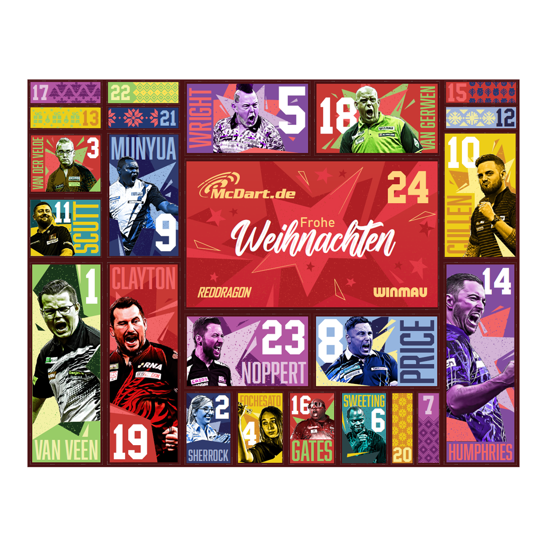 Adventní kalendář McDart Steel Darts 2026 Der McDart Steel-Darts Adventskalender 2026 ist auf diesem Bild zu sehen. Die Verpackung zeigt attraktive Darts-Motive und weihnachtliches Design.