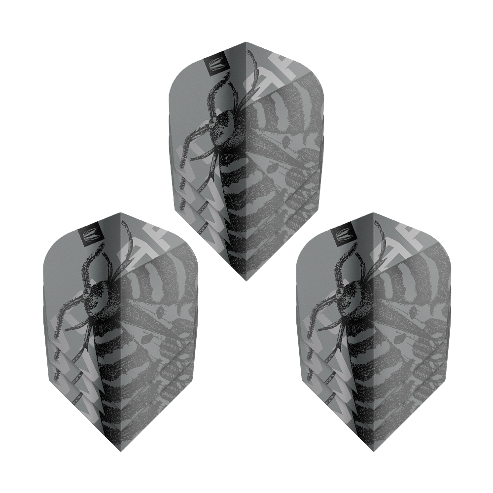 Letky Target Pro Ultra Volar č. 6 - 3 sady Das Bild zeigt drei Sets von Target Pro Ultra Volar No6 Flights. Die Flights sind grau mit einem schwarzen Insektenmuster gestaltet.