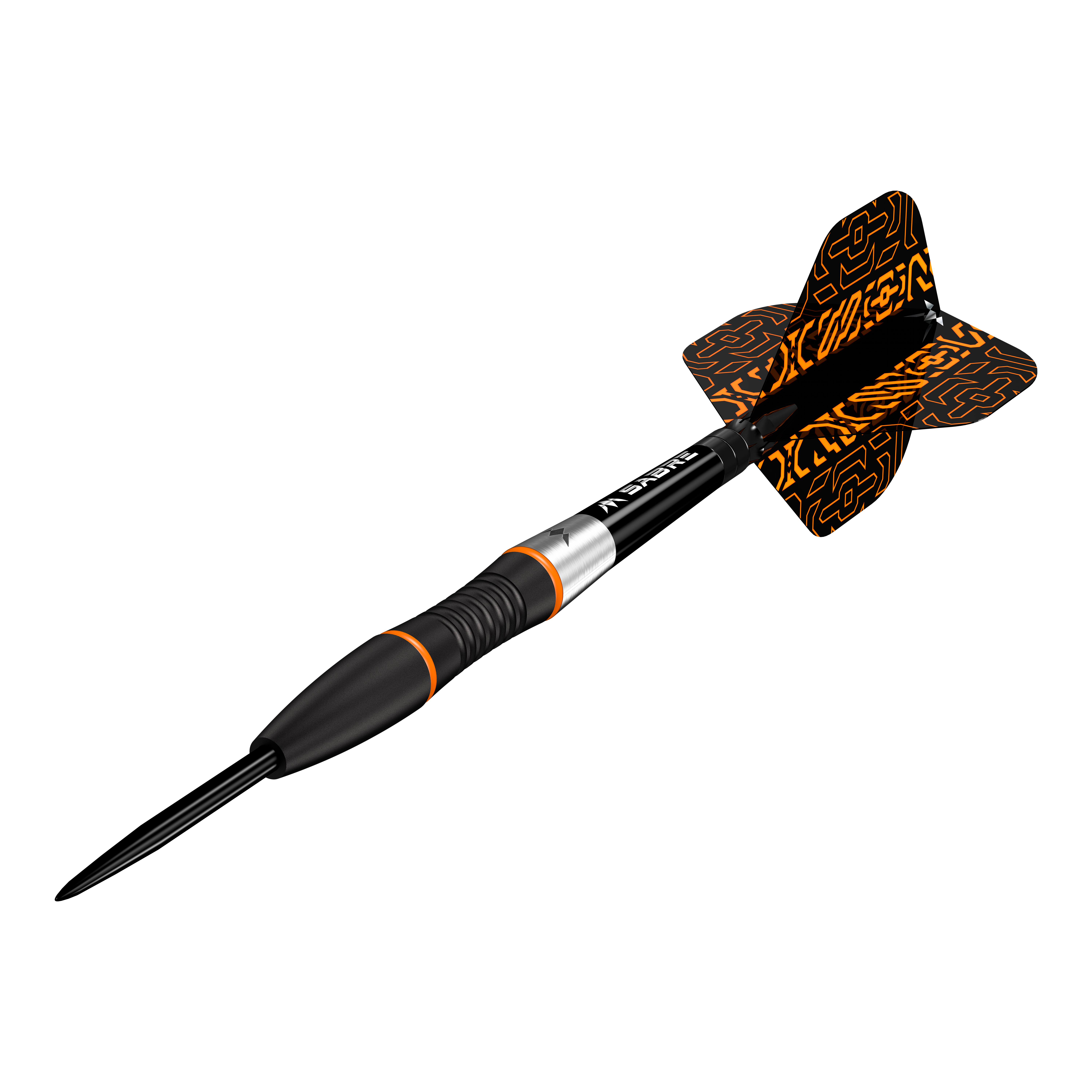 Das Bild zeigt Mission Horizon Black PVD Orange Steeldarts. Die Darts verfügen über ein modernes schwarzes und oranges Design.