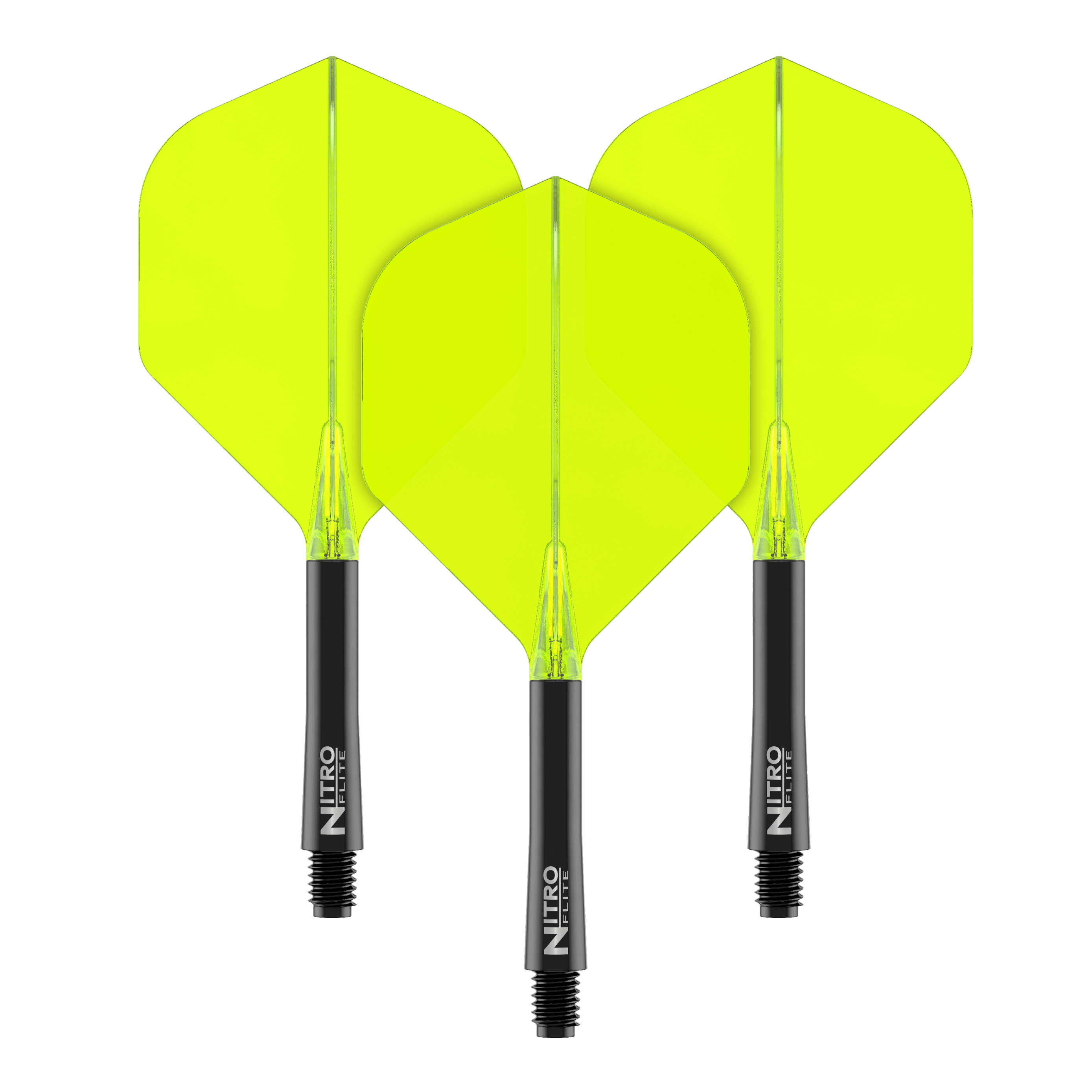 Auf dem Bild sind drei Dart-Flights mit leuchtend gelben Flügeln zu sehen. Die Schäfte sind schwarz und tragen die Aufschrift "Nitro Flite".