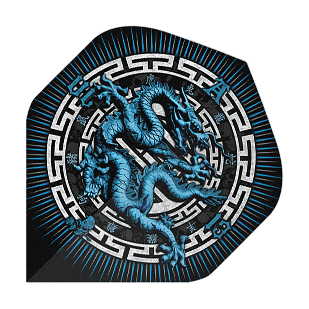 Alchemy Rok draka č. 2 Standardní lety Das Bild zeigt das Produkt "Alchemy Year Of The Dragon No2 Standard Flights". Auf dem Flight ist ein blauer Drache in einem dekorativen, kreisförmigen Muster abgebildet.