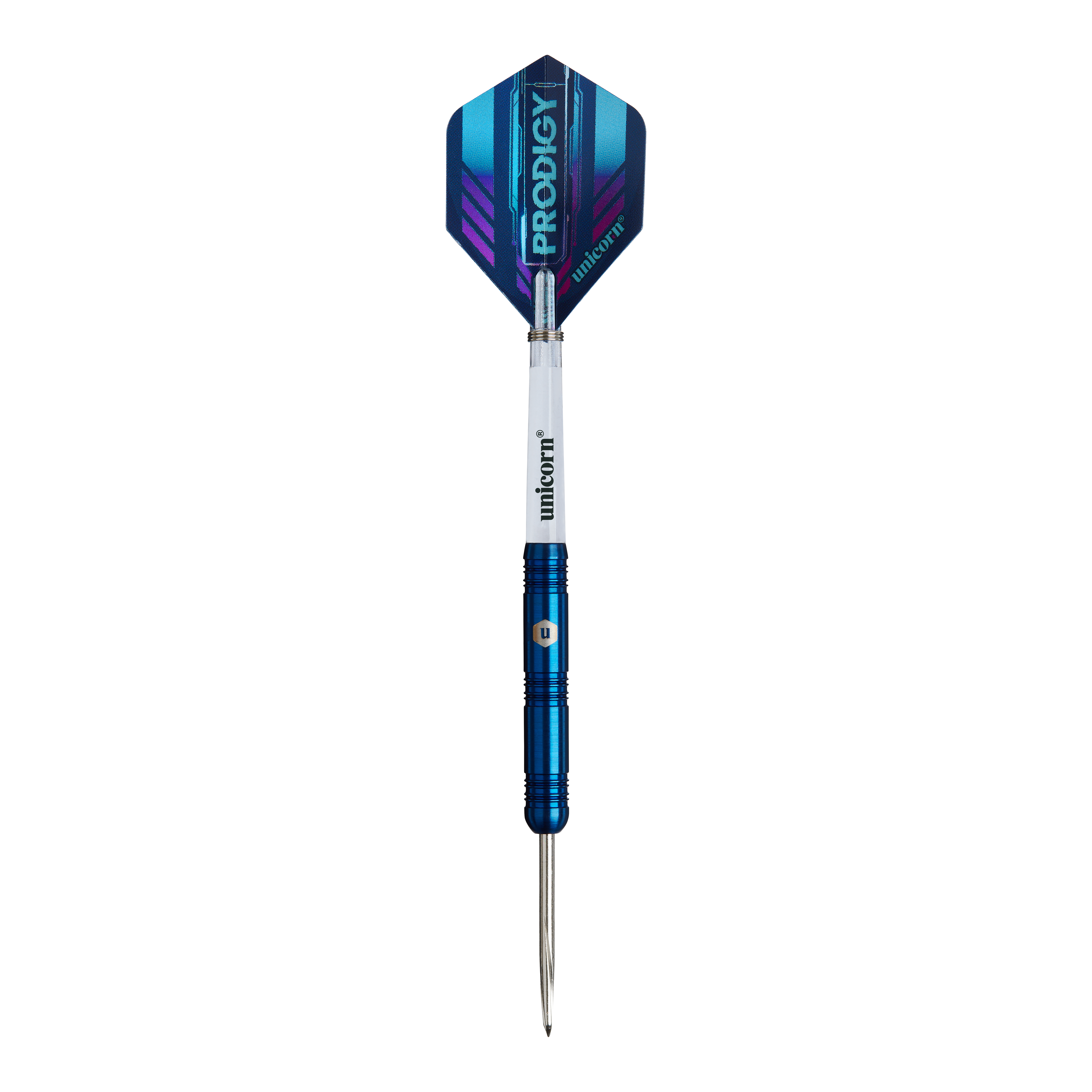 Das Bild zeigt einen Unicorn Prodigy 01 Parallel Steeldart. Der Dartpfeil hat ein blaues Design mit einer glänzenden Spitze und einem Flight mit der Aufschrift "PRODIGY".