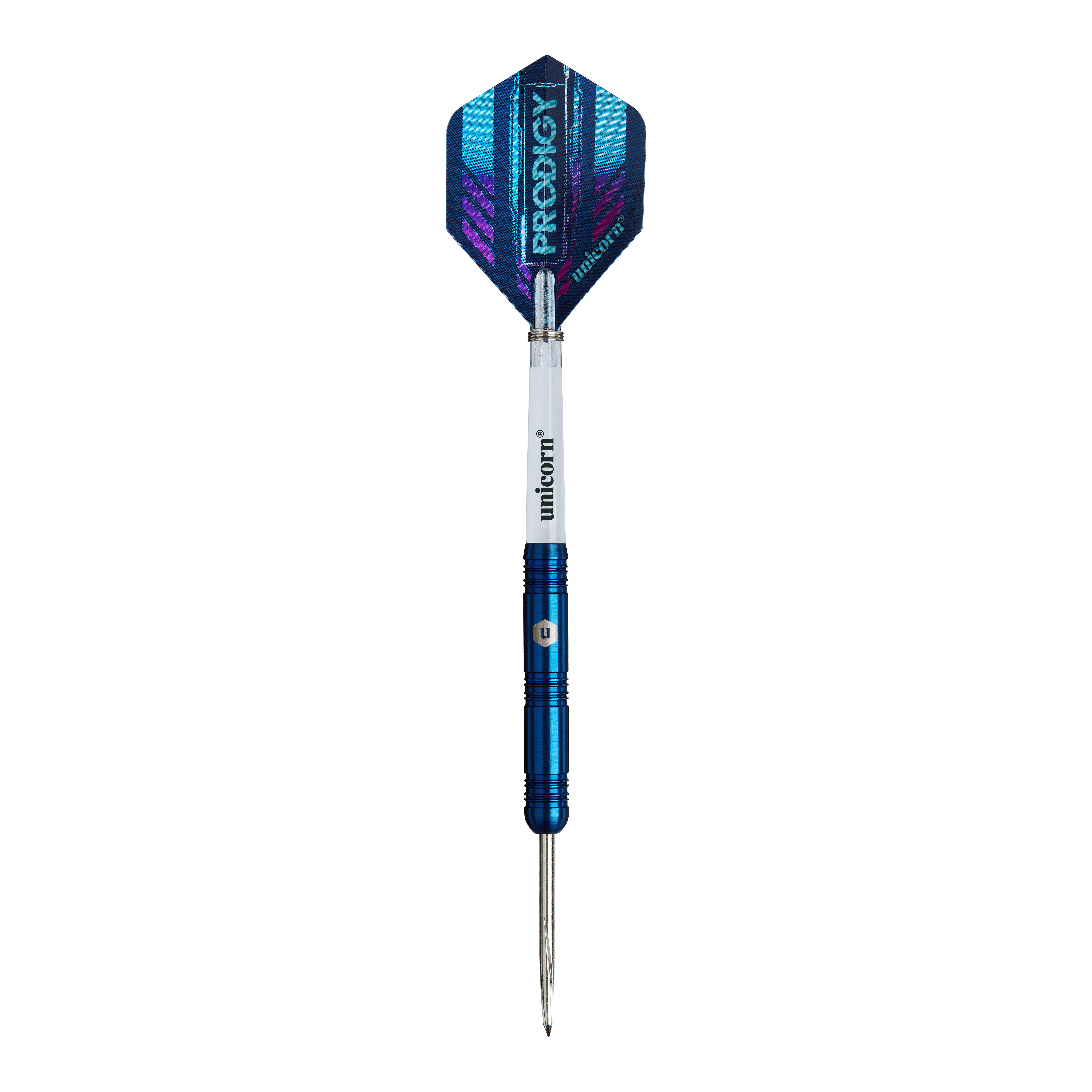 Paralelní ocelové šipky Unicorn Prodigy 01 Das Bild zeigt einen Unicorn Prodigy 01 Parallel Steeldart. Der Dartpfeil hat ein blaues Design mit einer glänzenden Spitze und einem Flight mit der Aufschrift "PRODIGY".