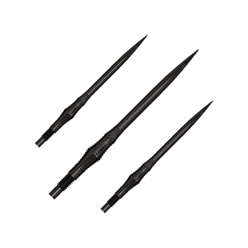 Harrows Quick Point Spire Elite Series Dartspitzen - Schwarz Eine Packung Dartspitzen in schwarzer Farbe ist abgebildet. Die Spitzen liegen parallel.