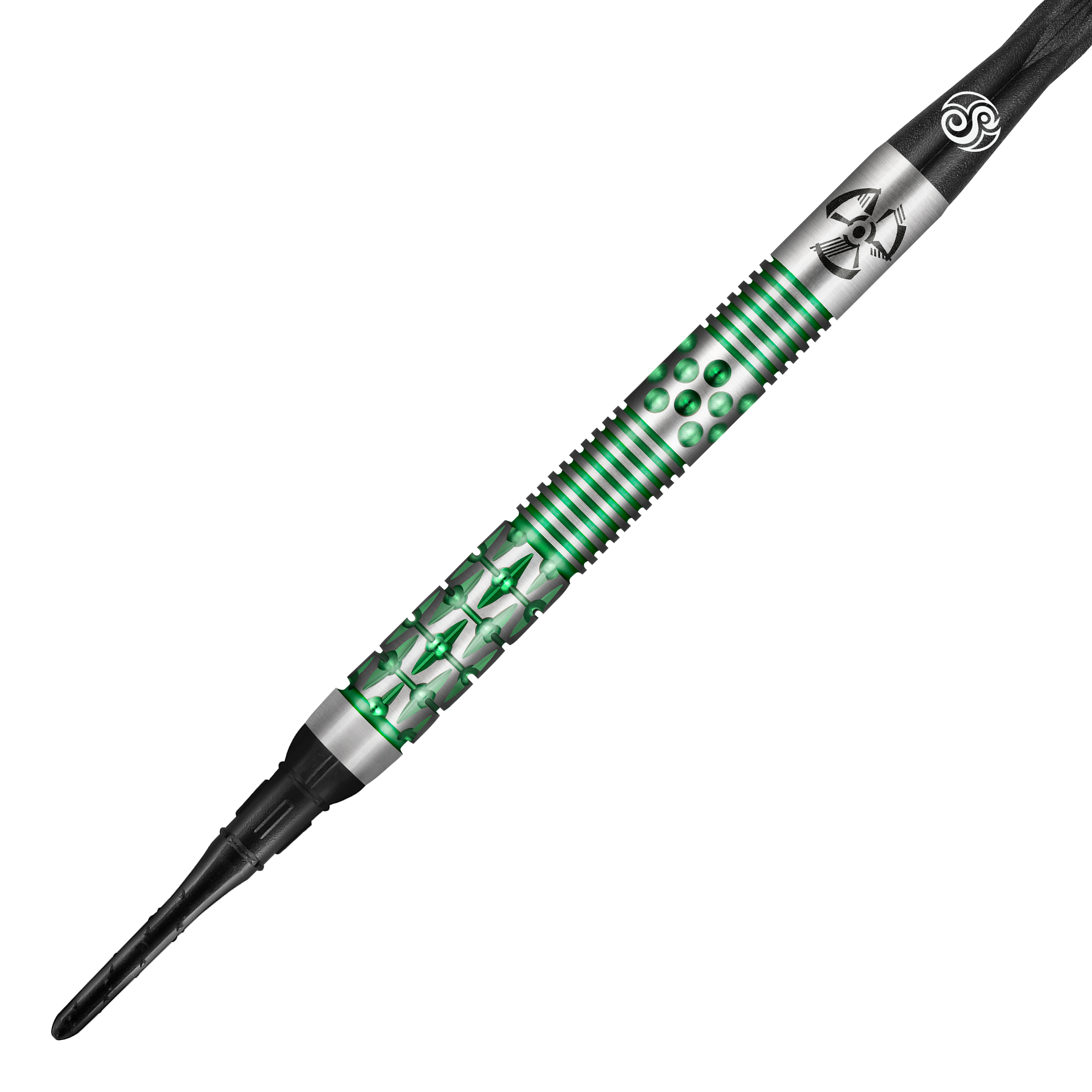 Šipky Shot Pro-Series Stowe Buntz 2 měkké - 21g Das Bild zeigt einen Shot Pro-Series Stowe Buntz 2 Softdart mit einem Gewicht von 21g. Der Dart hat ein silbernes und grünes Design mit feinen Gravuren und Mustern.