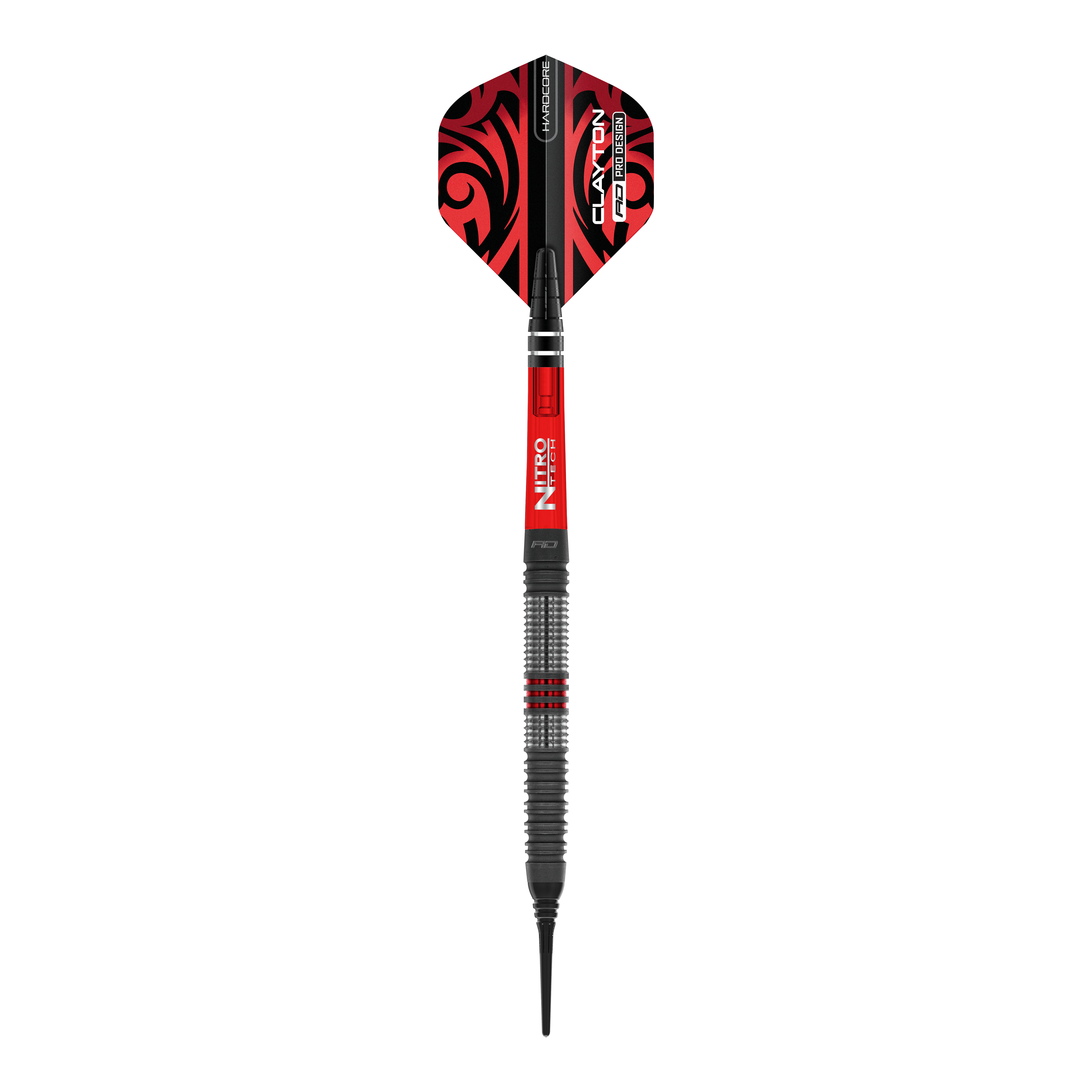 Red Dragon Jonny Clayton Hiraeth měkké šipky - 20g Das Bild zeigt einen Softdart der Marke Red Dragon, Modell "Jonny Clayton Hiraeth" mit einem Gewicht von 20 Gramm. Der Dart ist überwiegend in den Farben Rot und Schwarz gestaltet und hat ein auffälliges Muster auf dem Flight.