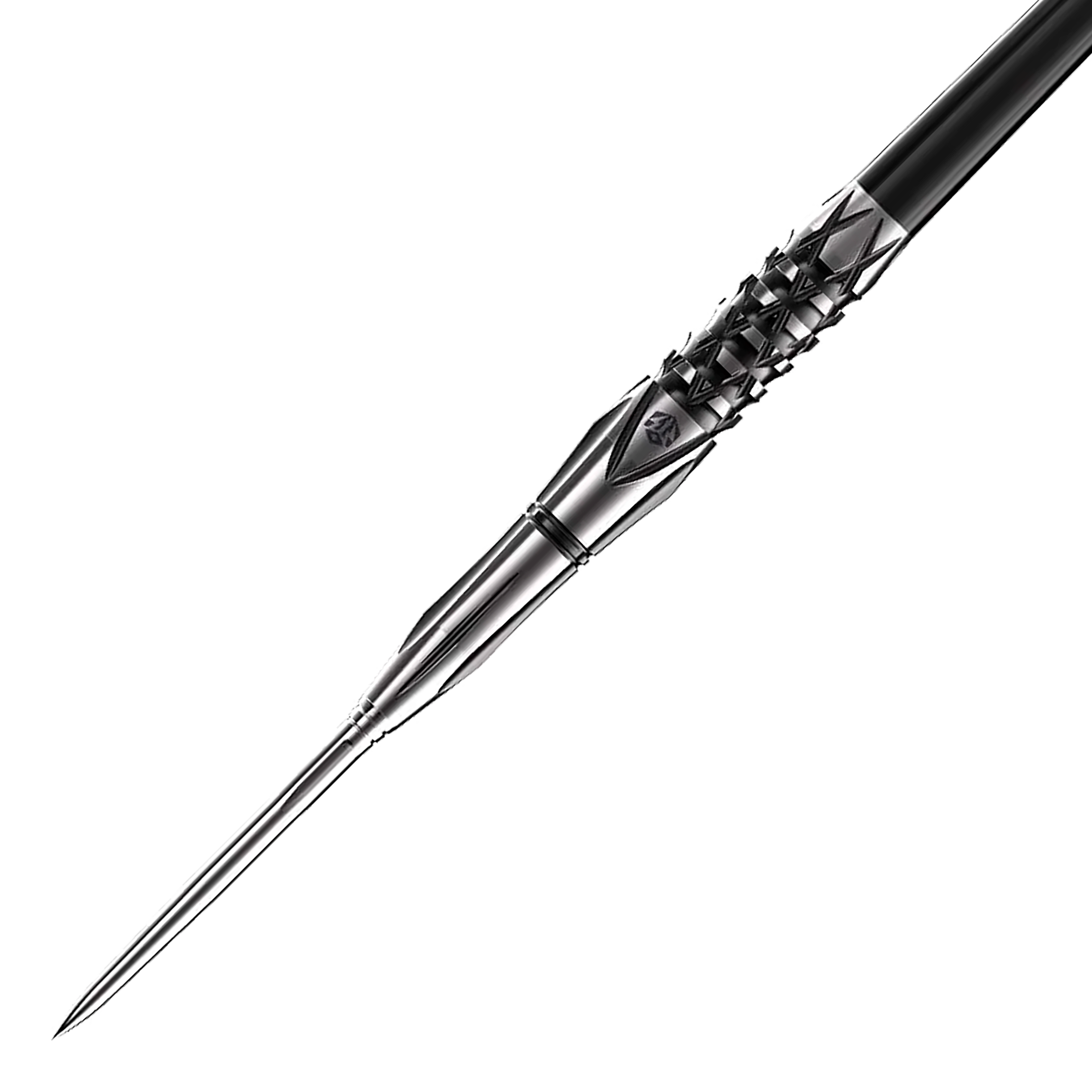 Das Bild zeigt einen Caliburn Sword S4 Steeldart. Der Dartpfeil hat ein elegantes Metall-Design mit markantem Griffmuster.