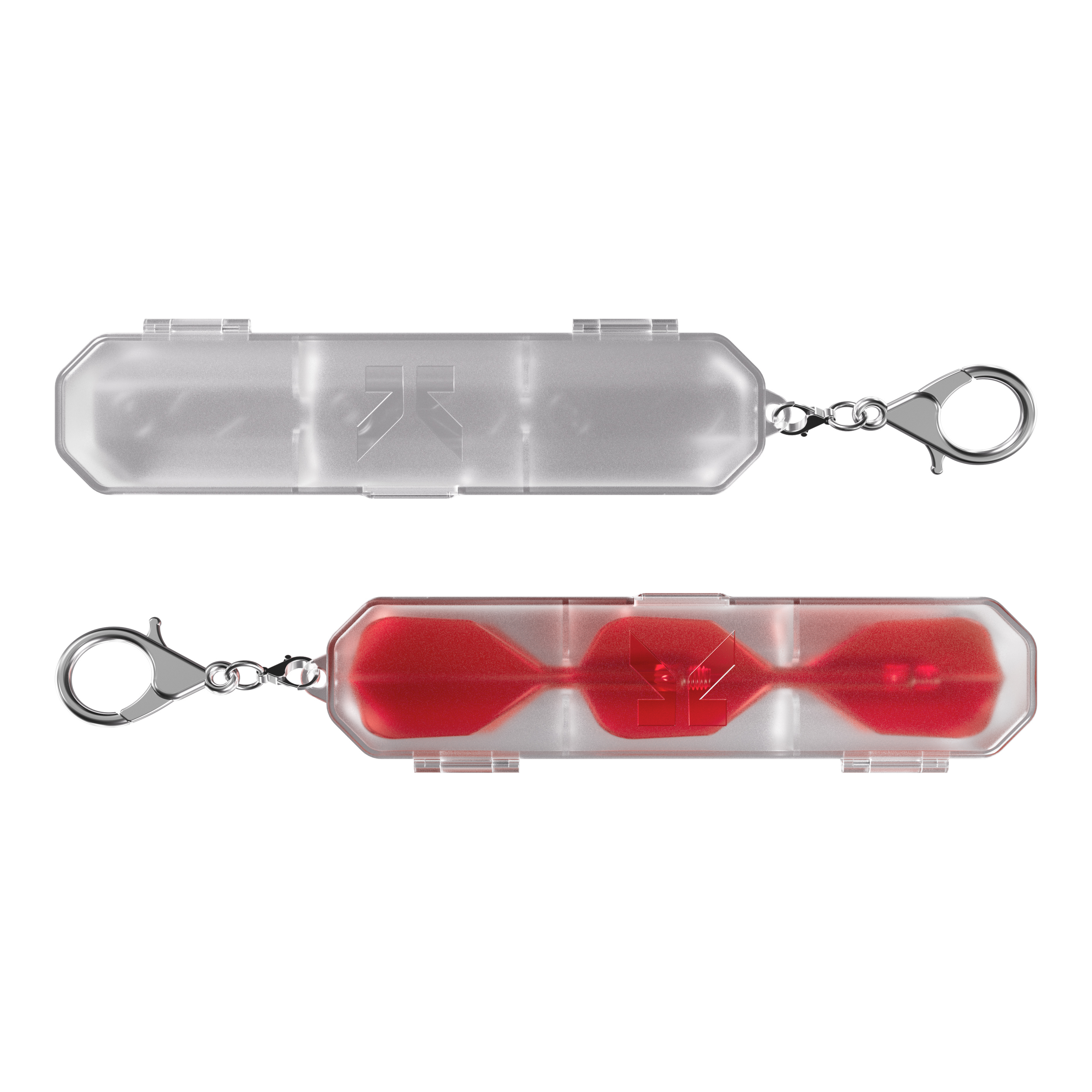 Box na kufry Target K-Flex K-Case Das Bild zeigt zwei Target K-Flex K-Case Flightboxen mit transparenter Hülle. Eine Box enthält rote Dartflights, die durch das Kunststoffgehäuse sichtbar sind.