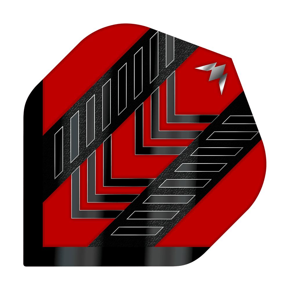 Mission Solo Rogue No2 Standardní lety Das Bild zeigt das Produkt "Mission Solo Rogue No2 Standard Flights". Das Flight ist rot mit schwarzen und silbernen Mustern und einem kleinen silbernen Symbol in der Ecke.