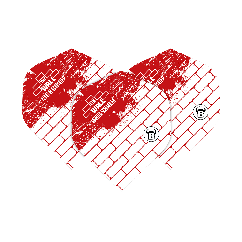 Das Bild zeigt drei Dart-Flights in weiß und rot mit Backsteinmuster. Auf den Flights steht "The Wall Martin Schindler" und unten ist ein rundes "B"-Logo.