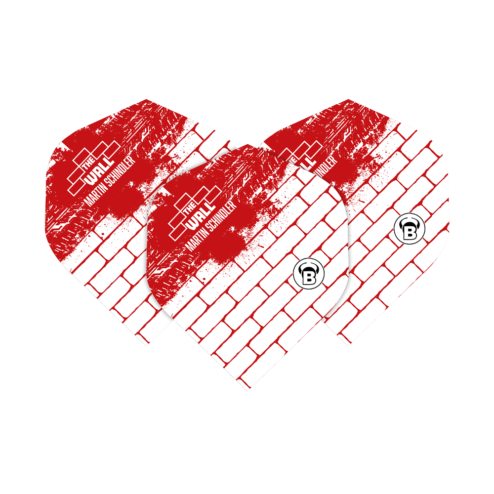 Bulls Metrixx Martin Schindler White Red No2 Standard Flights Das Bild zeigt drei Dart-Flights in weiß und rot mit Backsteinmuster. Auf den Flights steht "The Wall Martin Schindler" und unten ist ein rundes "B"-Logo.