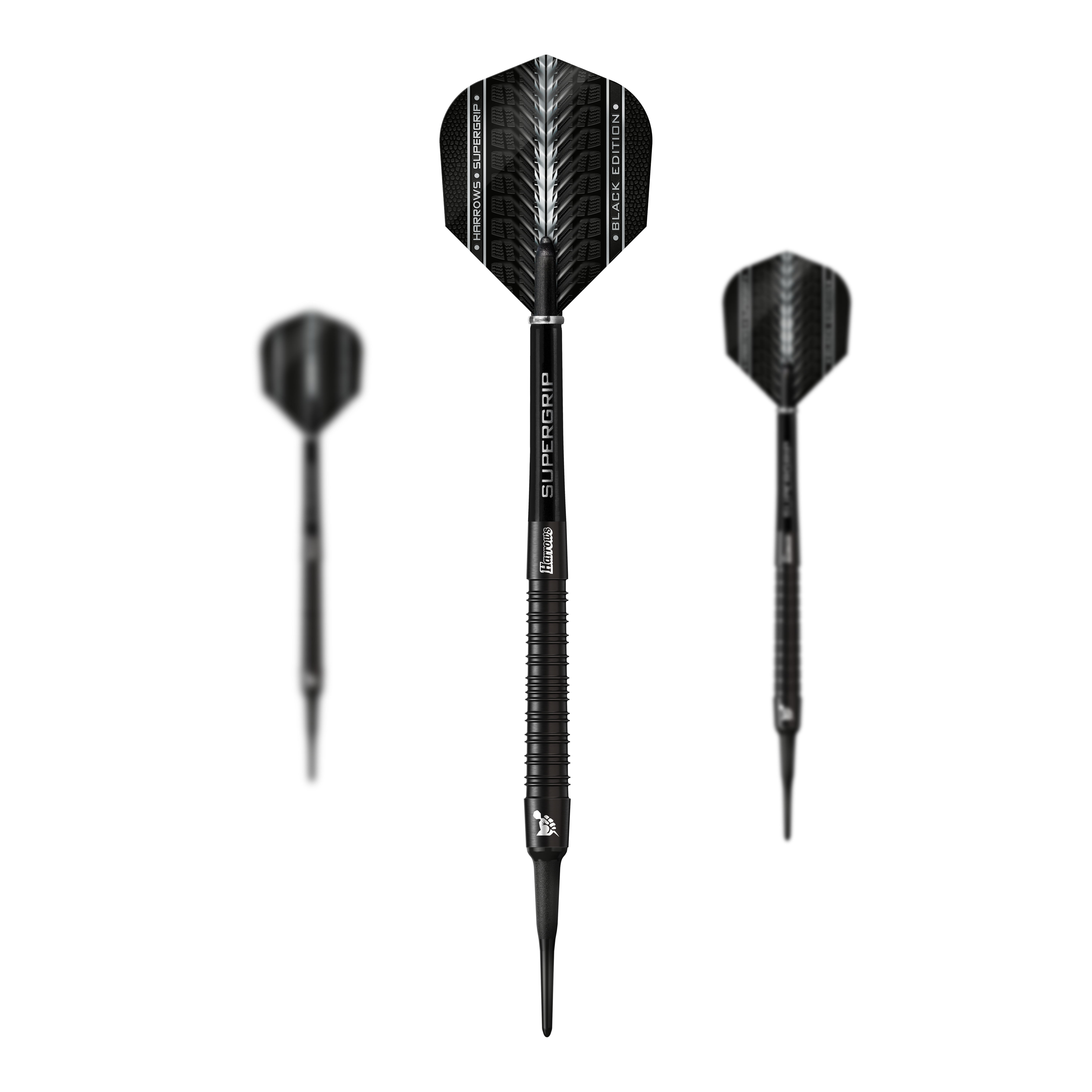 Měkké šipky Harrows Supergrip Black Edition Das Bild zeigt drei Harrows Supergrip Black-Edition Softdarts in schwarzem Design. Die Darts haben schlanke Griffe und moderne Flights mit weißen Akzenten.