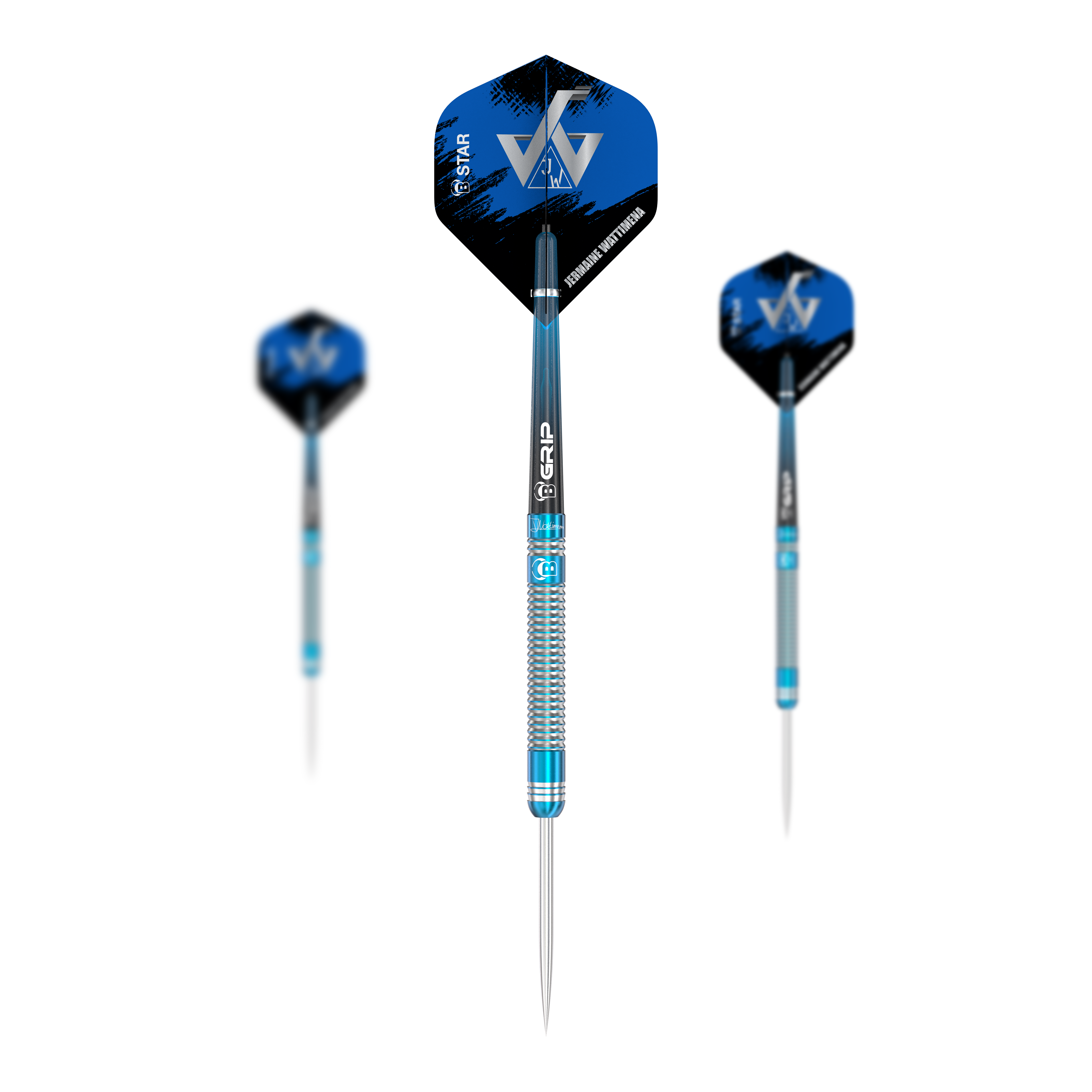 Ocelové šipky Bulls Jermaine Wattimena Generation 3 Das Bild zeigt drei Steeldarts des Modells "Bulls Jermaine Wattimena Generation 3". Die Darts haben blaue Flights mit weißen Initialen und silber-blau gestreifte Schäfte.