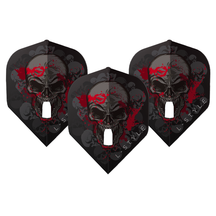 L-Style Ryan Searle V2 Clear Black Signature Champagne L1PRO Flights Das Bild zeigt drei schwarze Dart-Flights mit einem Totenkopf-Design und roten Farbspritzern. Unten auf den Flights steht der Schriftzug "L-STYLE".
