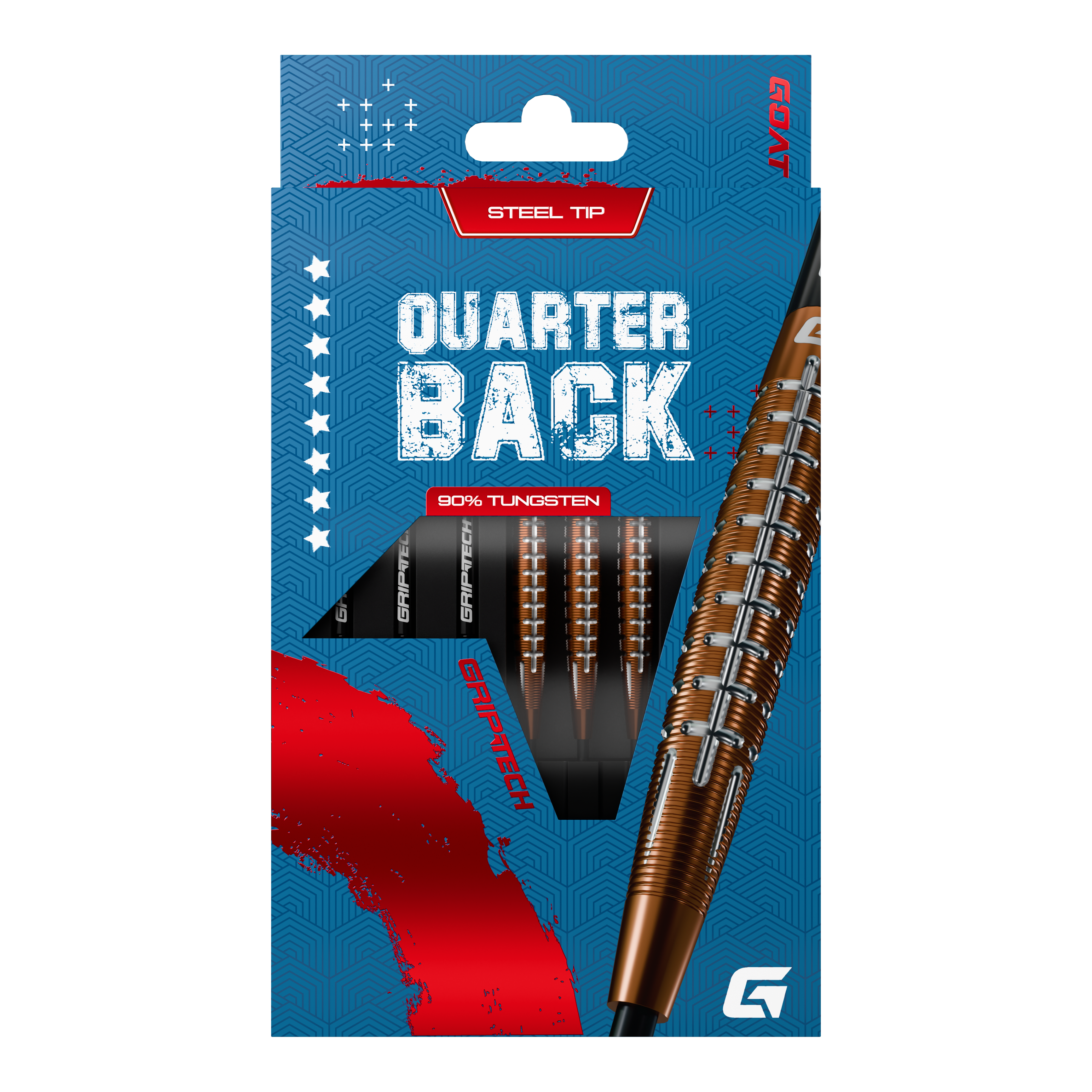 Šipky GOAT Quarterback V1 z wolframové oceli Das Bild zeigt die GOAT Quarterback V1 Tungsten Steeldarts in einer blauen Verpackung. Die Darts bestehen zu 90% aus Tungsten und haben eine Stahlspitze.