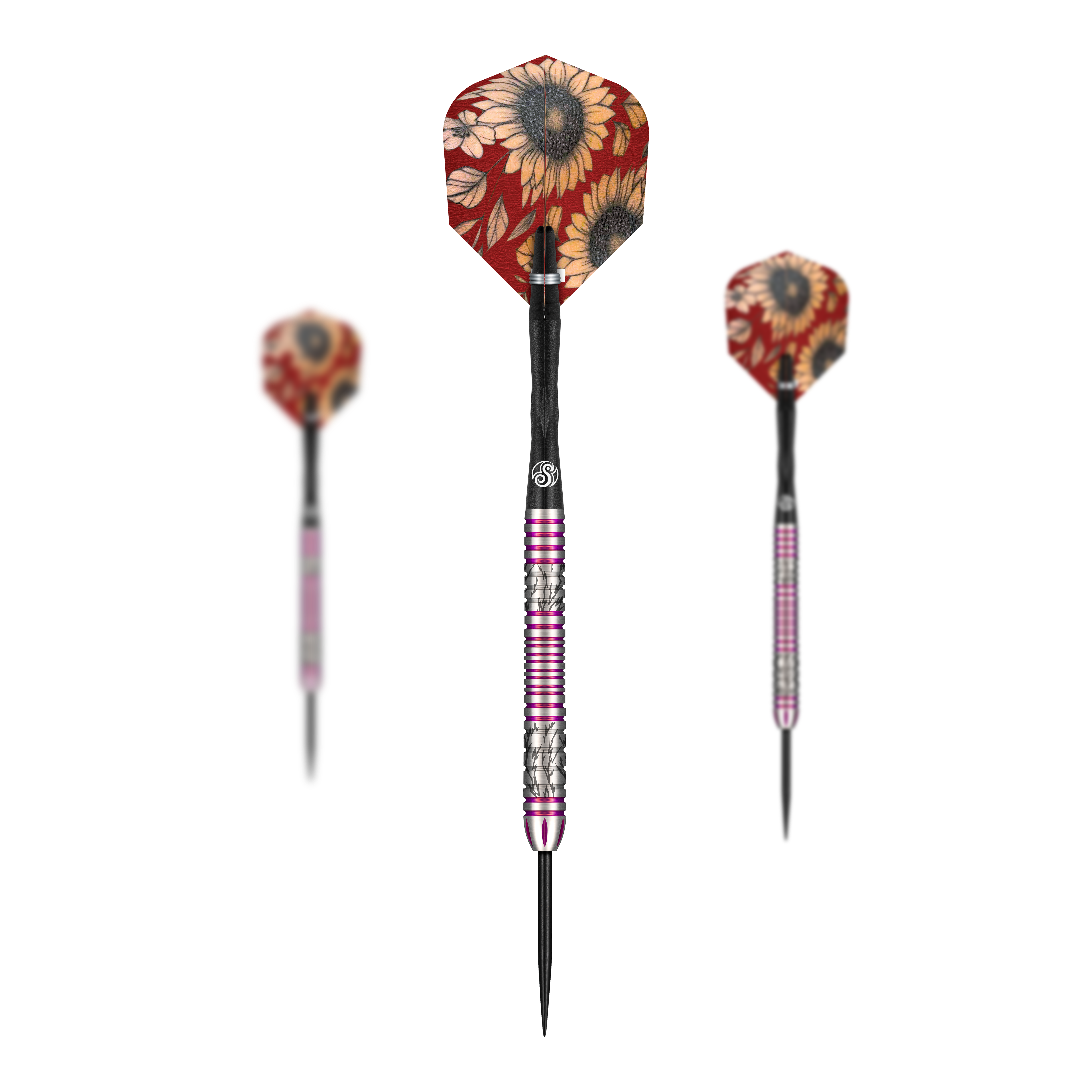 Shot Pro Series Barbora Hospodářská 2 Steeldarts - 23g Das Bild zeigt drei Steeldarts der Marke Shot Pro Series Barora Hospodarska mit einem Gewicht von 23g. Die Flights haben ein auffälliges Sonnenblumenmuster auf rotem Hintergrund.