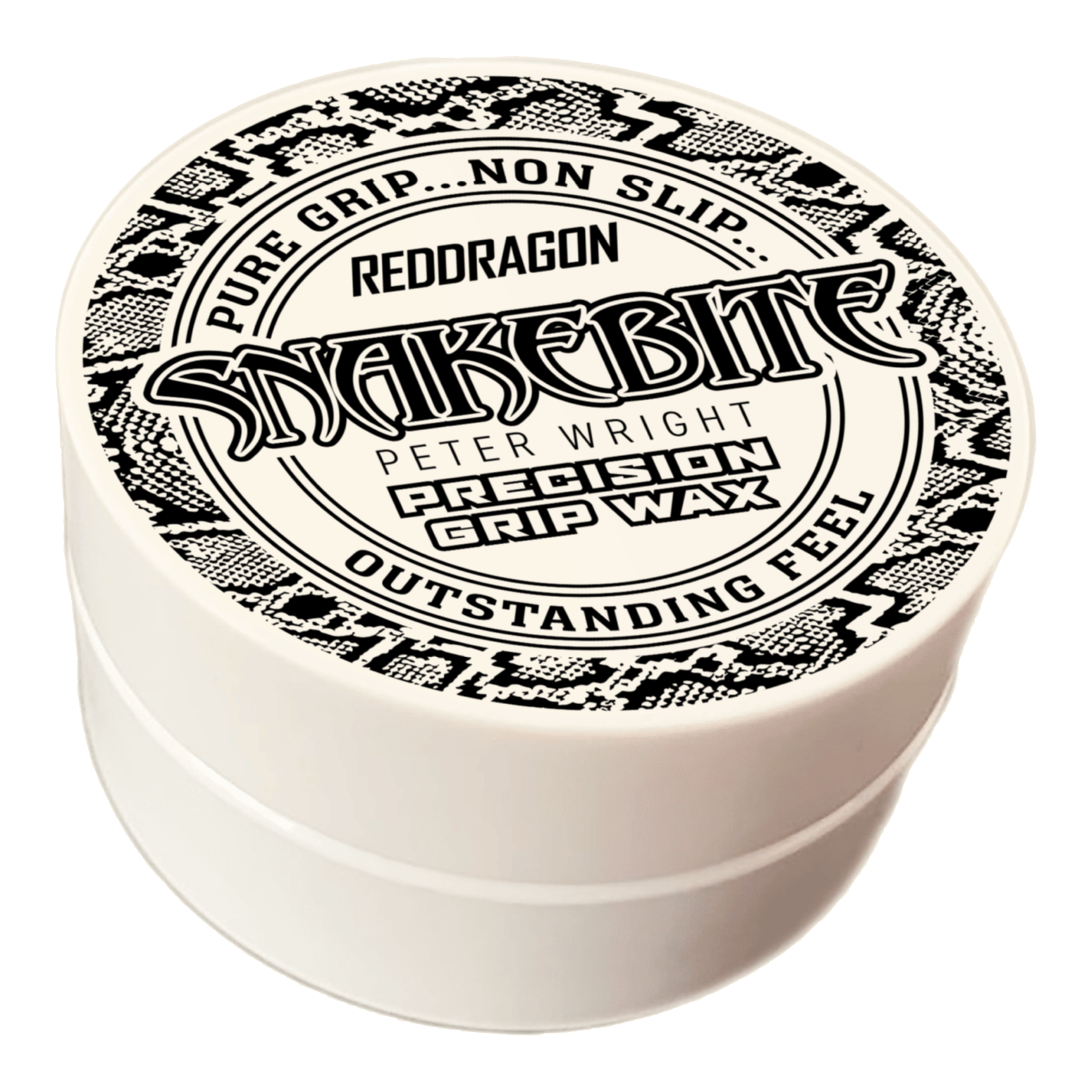 Vosk na prsty Red Dragon Peter Wright Snakebite Precision Grip Wax Das Bild zeigt eine runde Dose mit der Aufschrift "Red Dragon Peter Wright Snakebite Precision Grip Wax". Die Verpackung ist weiß mit einem schwarz-weißen Schlangenmuster und betont den festen, griffsicheren Halt.