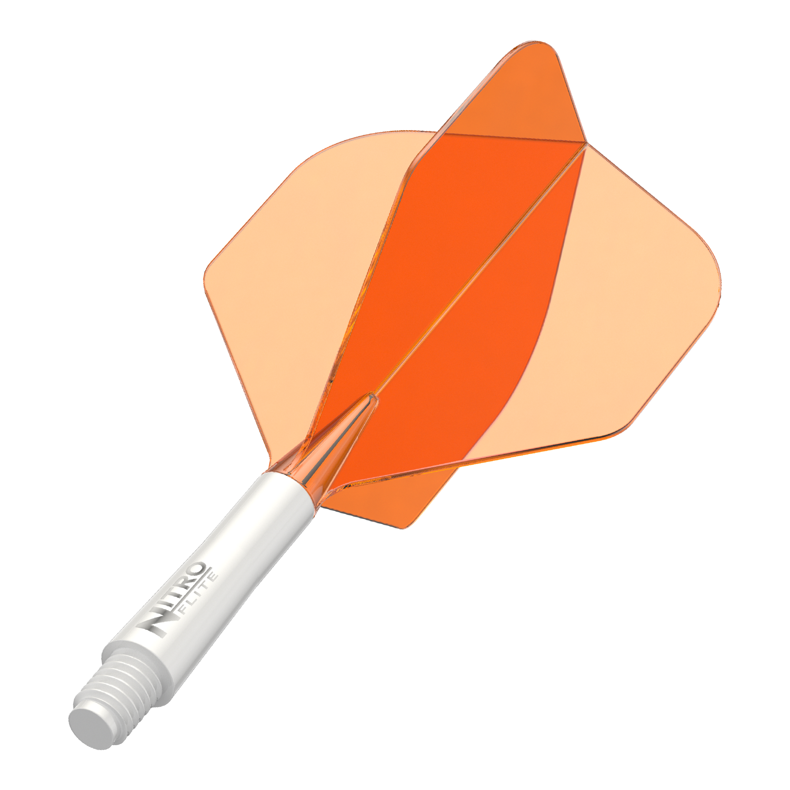 Letky Red Dragon Nitroflite White Shaft Orange No2 Abgebildet ist ein Dart-Schäfte-Set mit weißem Schaft und orangen Flights. Das Produkt scheint ein Red Dragon Nitroflite Modell in kurzer Ausführung zu sein.