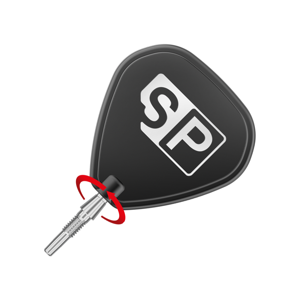 Target Swiss Point Storm Surge Steeldartspitzen - Silber Das Bild zeigt eine Dartspitze mit einem schwarzen Flight, auf dem die Buchstaben "SP" abgebildet sind. Ein roter Pfeil deutet auf eine Drehbewegung am Verbindungsstück der Spitze hin.