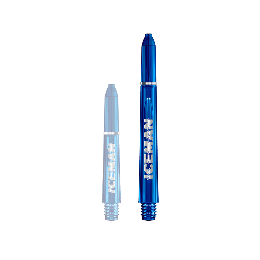 Das Bild zeigt zwei blaue Dartschäfte des Produkts "Red Dragon VRX Gerwyn Price Shafts". Auf den Schäften steht der Schriftzug "ICEMAN".