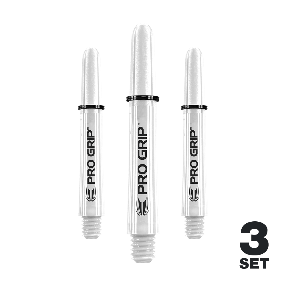 Das Bild zeigt drei weiße Pro Grip Shafts für Dartpfeile. Unten rechts steht "3 Set" geschrieben.