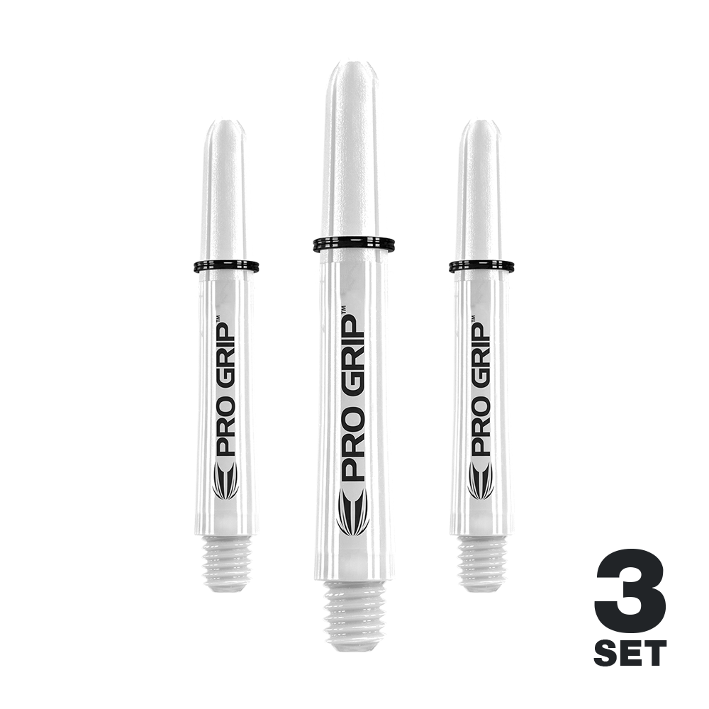 Target Pro Grip Shafts – 3 sady – White Das Bild zeigt drei weiße Pro Grip Shafts für Dartpfeile. Unten rechts steht "3 Set" geschrieben.