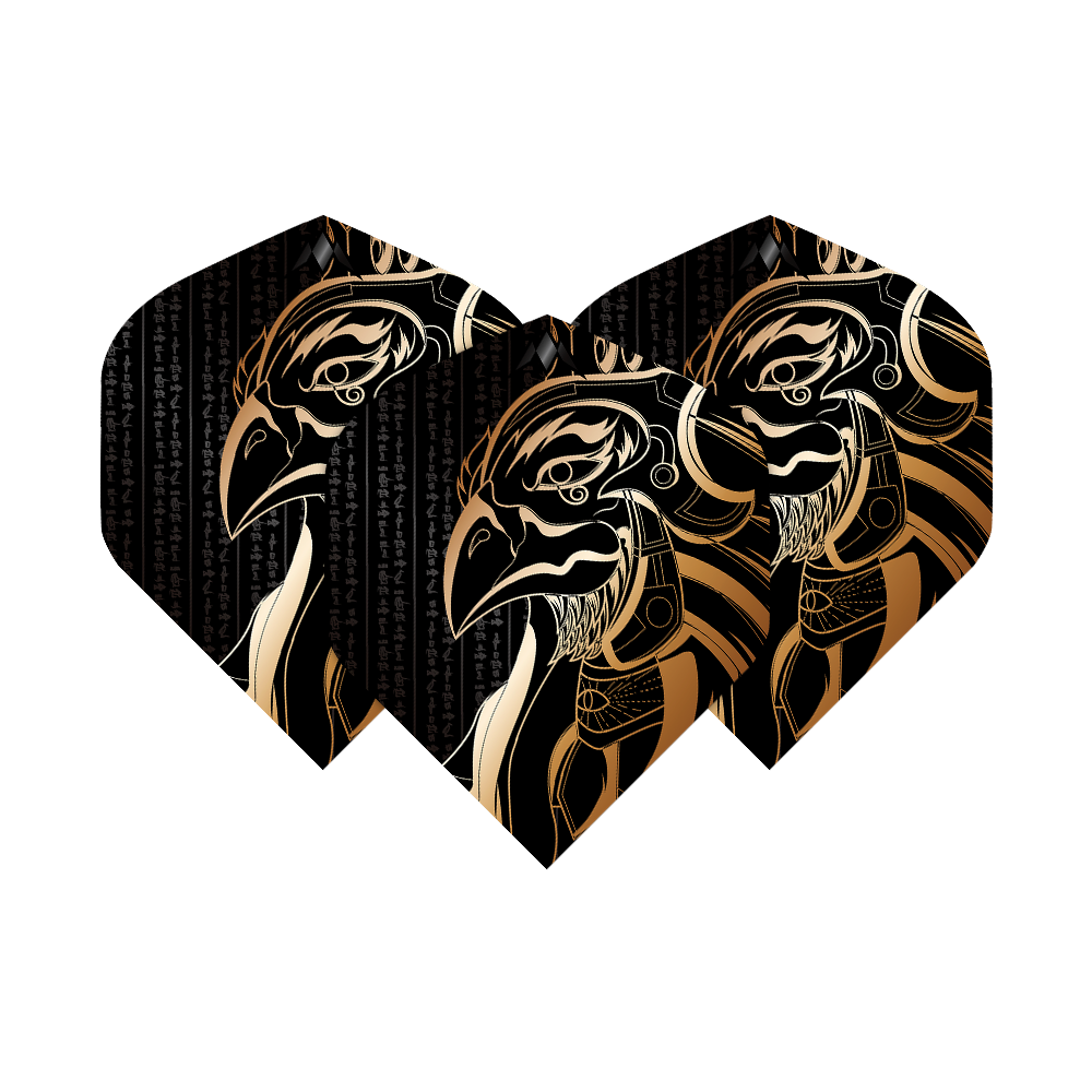 Standardní lety Mission Solo Horus No2 Das Bild zeigt drei Dartflights mit einem gold-schwarzen Horus-Motiv. Die Flights tragen den Namen "Mission Solo Horus No2 Standard Flights".