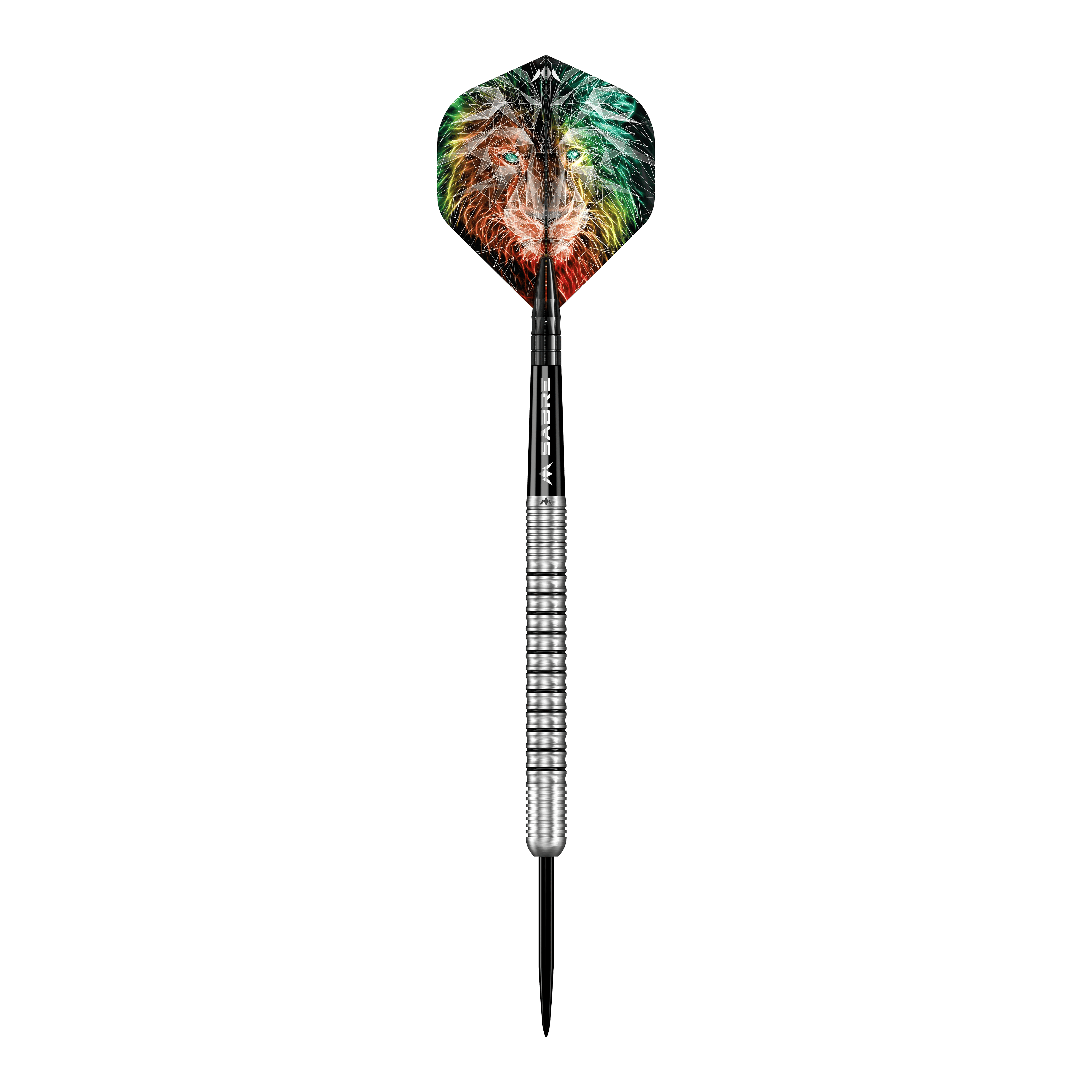 Mise Dominik Grüllich Steeldarts Der abgebildete Dartpfeil ist der "Mission Dominik Grüllich Steeldart" mit einem Gewicht von 23,5g. Auf dem Dartflügel ist ein farbenfroher Löwenkopf zu sehen.