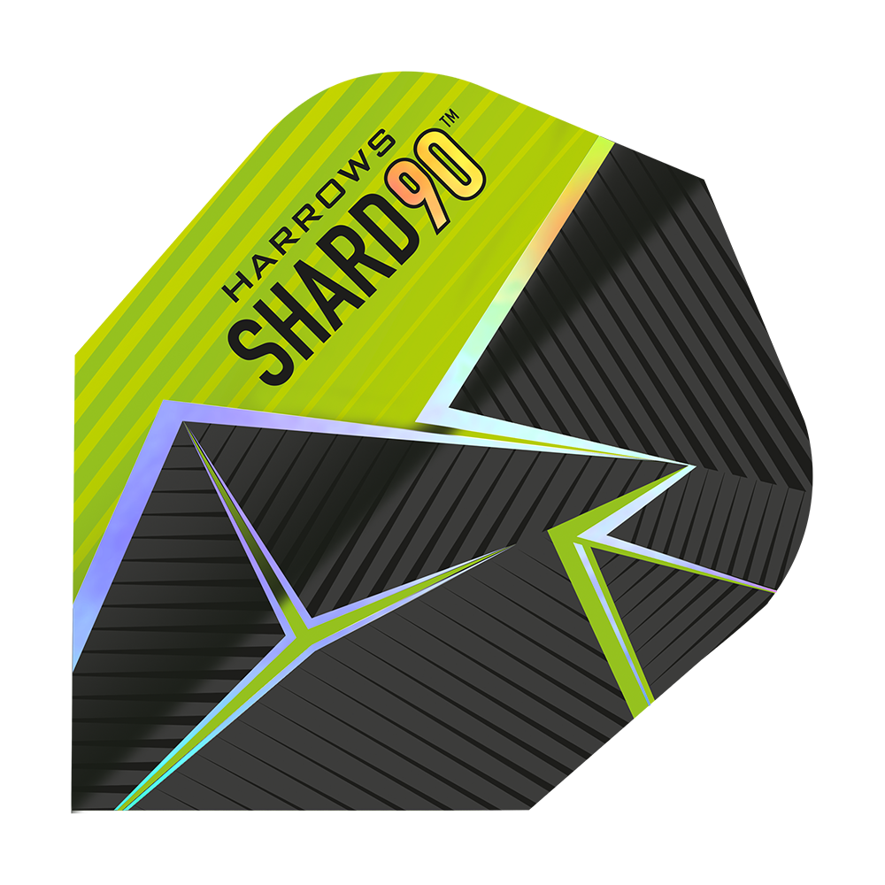 Lety Harrows Prime Shard č. 6 Das Bild zeigt ein Dart-Flight mit dem Namen „Harrows Prime Shard No6“. Das Design ist schwarz und gelb mit geometrischen Linien und dem Aufdruck „SHARD 90“.
