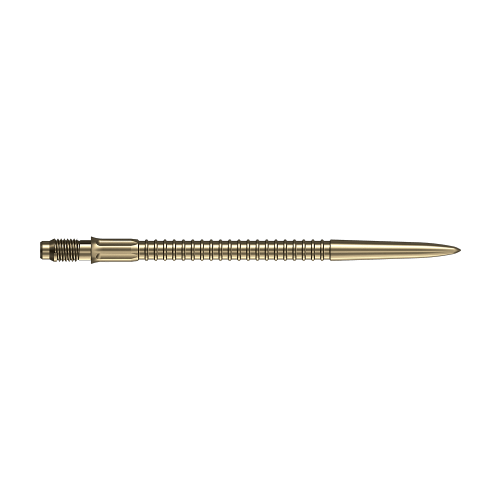 Špičky na šipky Mission R2.5 Rapid Point GV1 - zlaté Abgebildet sind goldene Dartspitzen von Mission R25 Rapid Point mit einer Länge von 40mm. Das Bild zeigt die Spitzen aus verschiedenen Perspektiven.