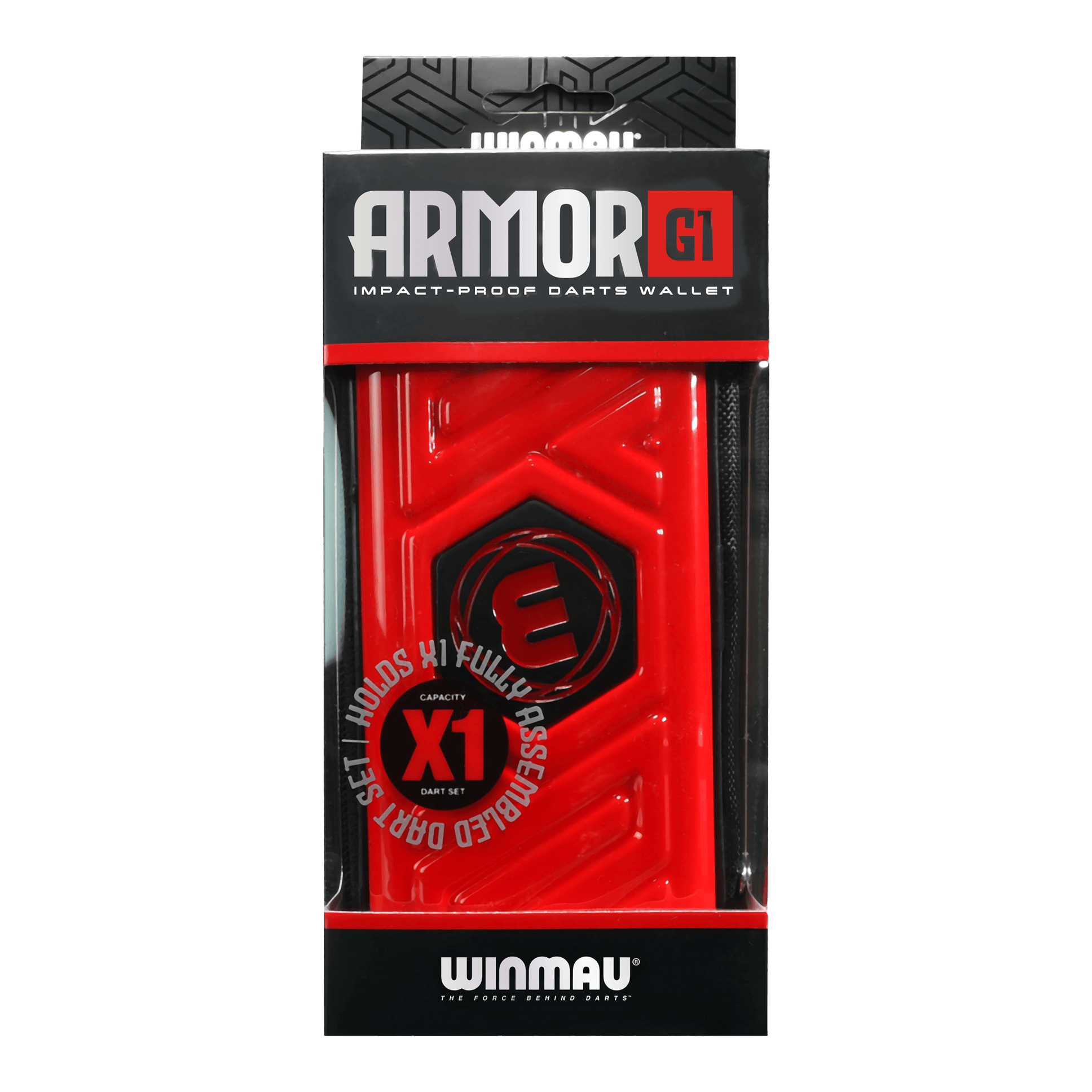 Peněženka Winmau Armor G1 Dart Das Bild zeigt eine rote Winmau Armor G1 Darttasche in ihrer Verpackung. Auf der Verpackung steht, dass sie ein vollständig montiertes Dart-Set aufnehmen kann.