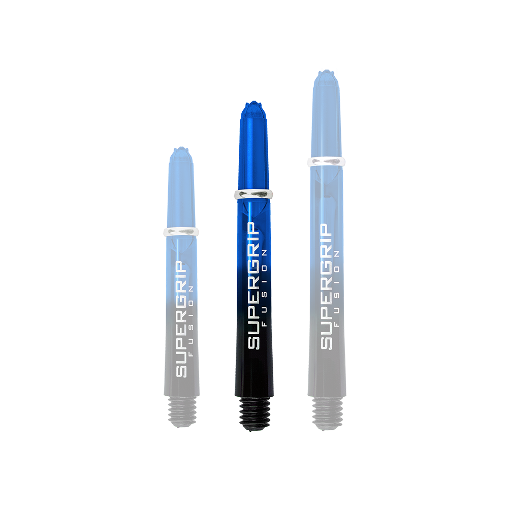 HR337_Harrows_Supergrip_Fusion_Shafts_Blau_40mm_1oh9euFVuoXLmQ Das Bild zeigt drei blaue Harrows Supergrip Fusion Shafts in verschiedenen Längen. Die Shafts bestehen aus einem blauen und schwarzen Farbverlauf mit weißer Aufschrift.