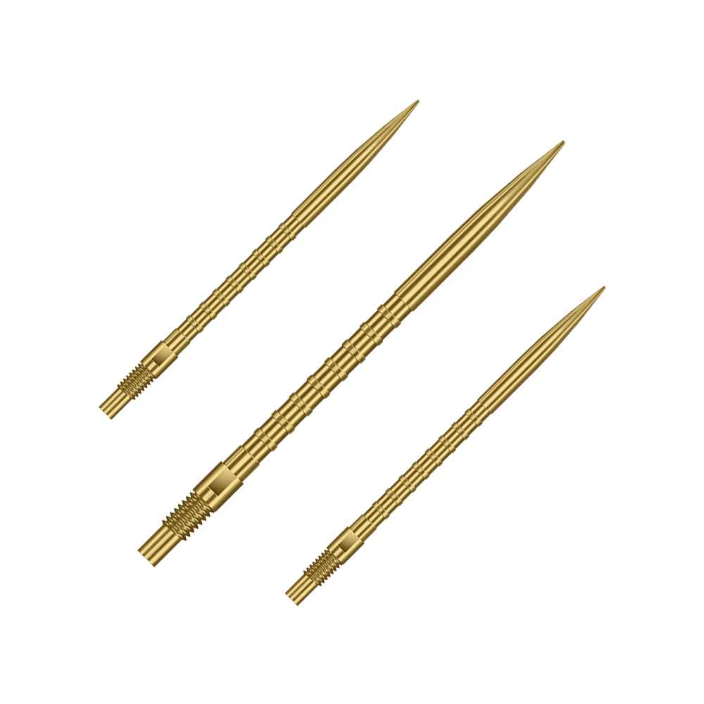 Das Bild zeigt Harrows Quick Point Heavy Metal Grip Dartspitzen in Gold mit einer Länge von 40mm. Es handelt sich um ein Set von Dartspitzen.