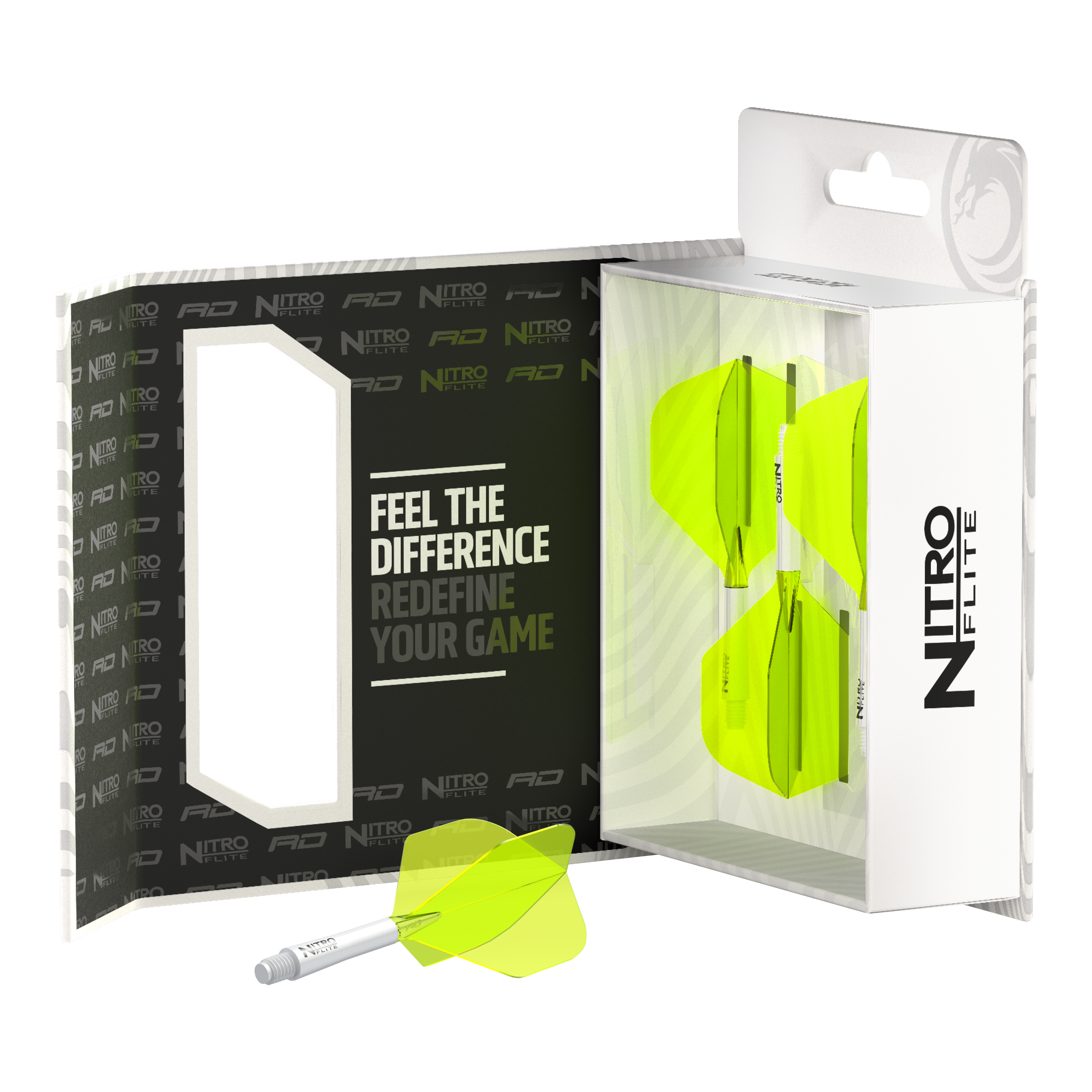 Red Dragon Nitroplite - Bílá šachta Žlutá č. 2 letky Das Bild zeigt die Verpackung des Produkts "Red Dragon Nitroflite - White Shaft Yellow No2 Flights". In der Packung sind gelbe Dartflights mit weißen Schäften zu sehen.