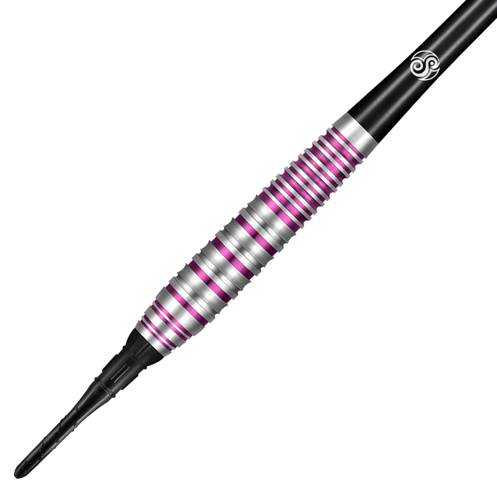 67149_Shot_ZEN_Juji_Softdarts_2 Das Bild zeigt einen Shot ZEN Juji Softdart. Der Dartpfeil hat silberne und lilafarbene Rillen sowie schwarze Elemente.