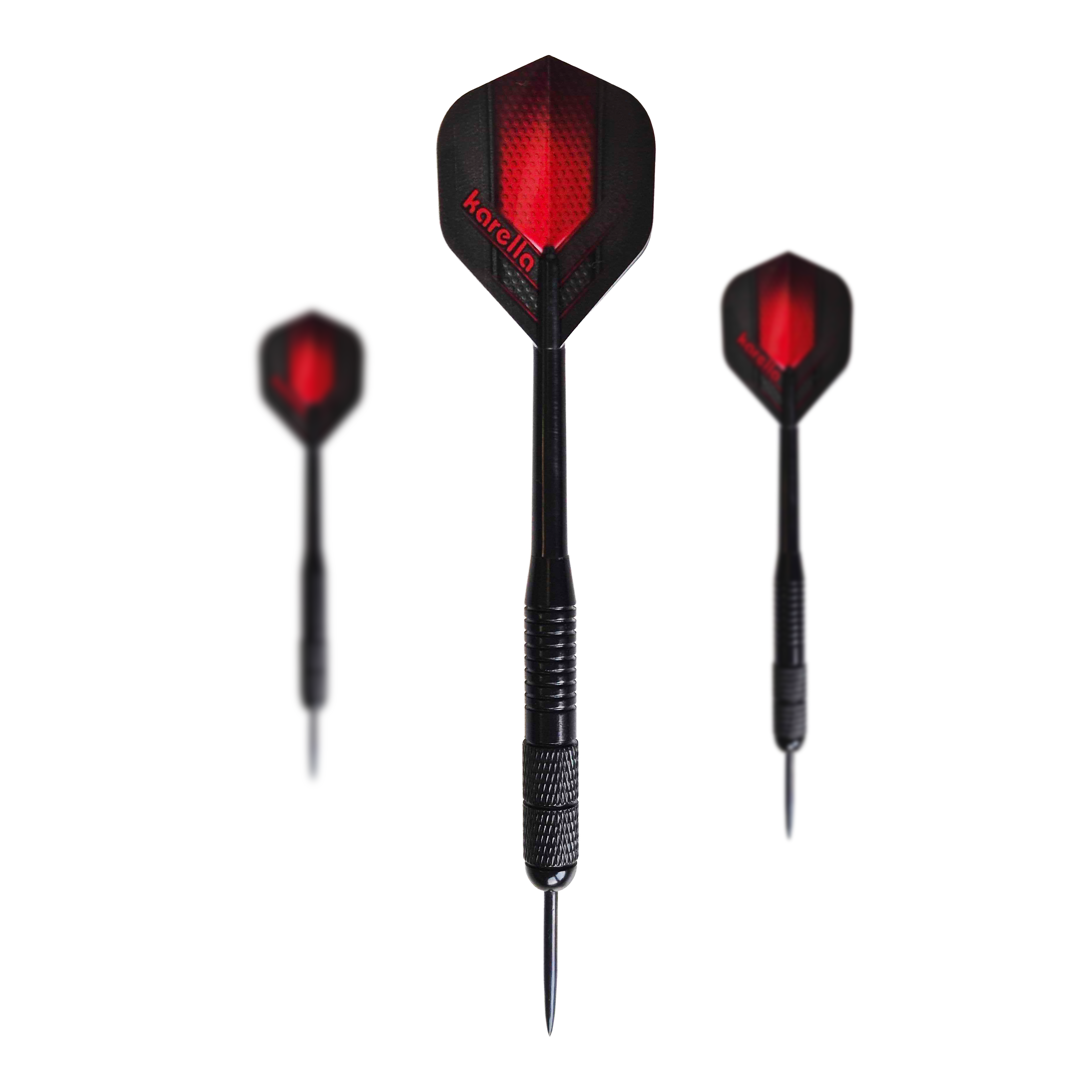 Ocelové šipky Karella Black Brass - 21g Das Bild zeigt die Karella Black Brass Steeldarts mit einem Gewicht von 21g. Es handelt sich um ein Set schwarzer Steeldarts.
