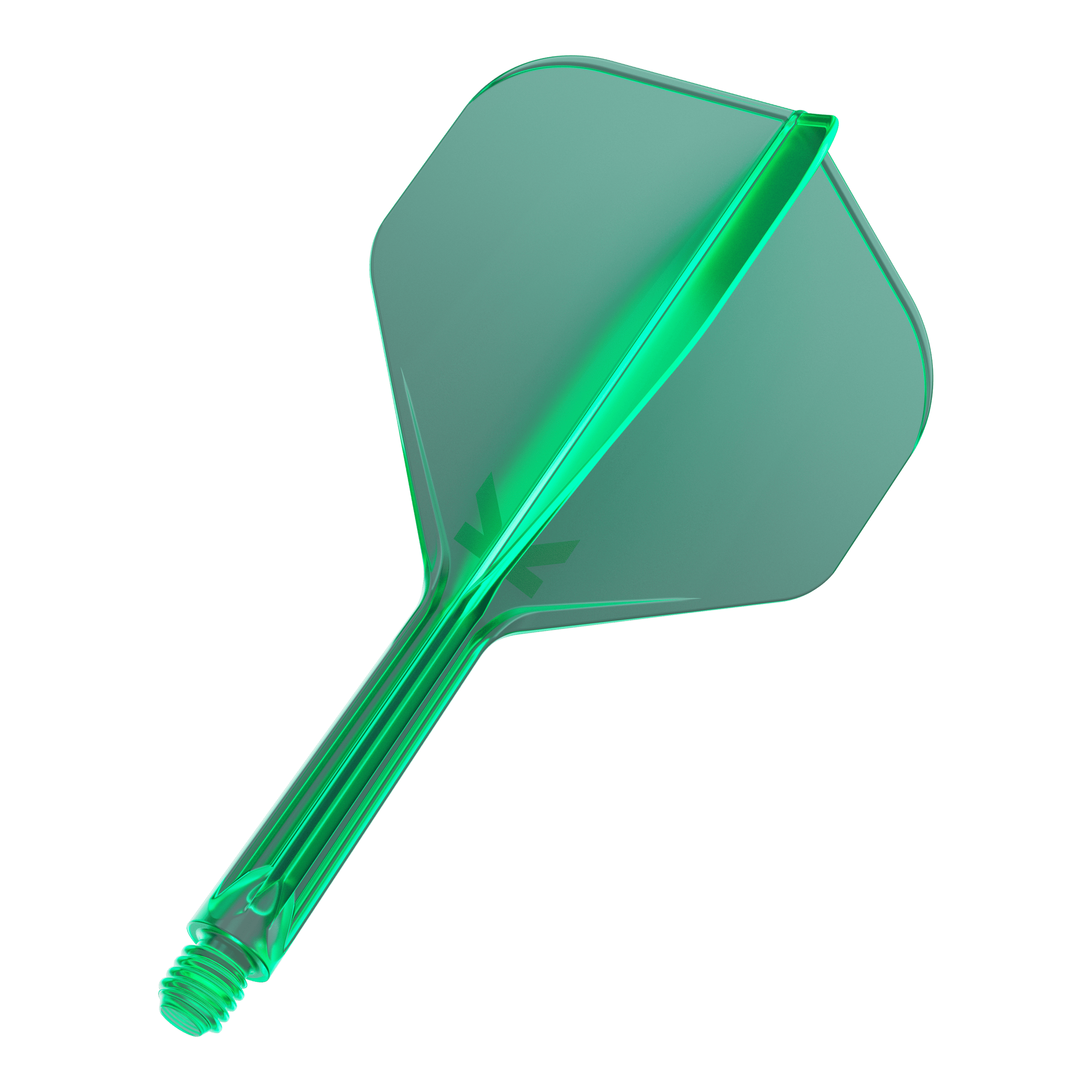 Standardní letový systém Target K-Flex No2 - zelený Das Bild zeigt einen grünen Dartflügel mit einem integrierten Schaft. Der Flügel hat eine Standardform und besteht aus durchsichtigem Kunststoff.
