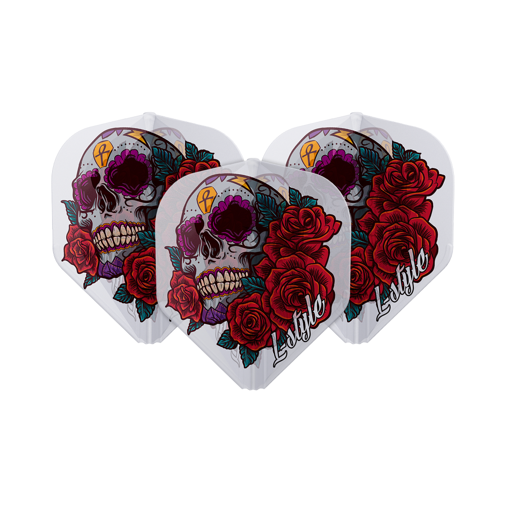Das Bild zeigt drei Dart-Flights mit einem auffälligen Totenkopf- und Rosenmotiv. Auf den Flights steht der Schriftzug „L-Style“.