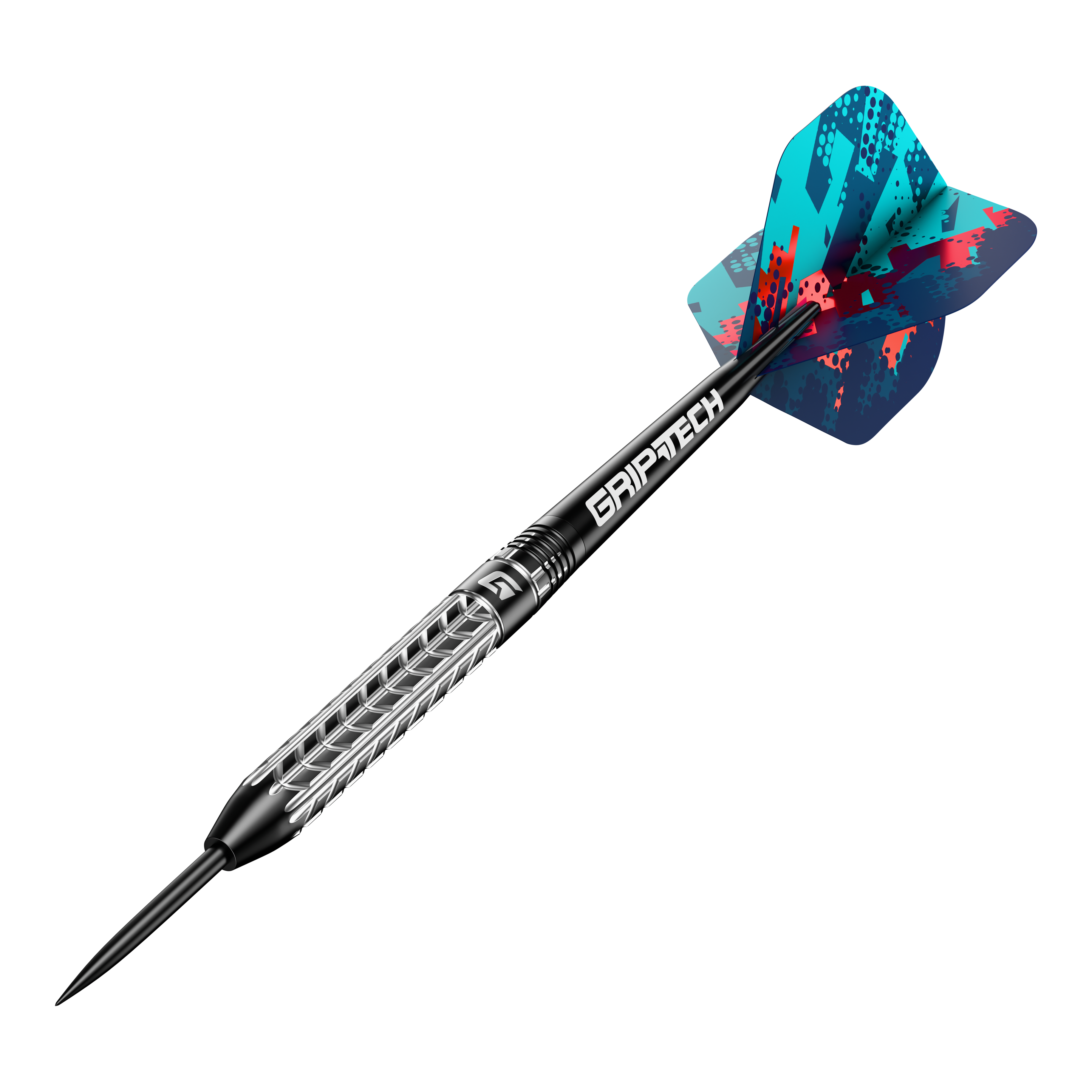 Šipky GOAT Traction z wolframové oceli Das Bild zeigt einen GOAT Traction Tungsten Steeldart mit einer strukturierten Griffoberfläche und einer farbenfrohen Flight. Der Schaft trägt die Aufschrift "GRIPTECH" und die Spitze ist aus Stahl.